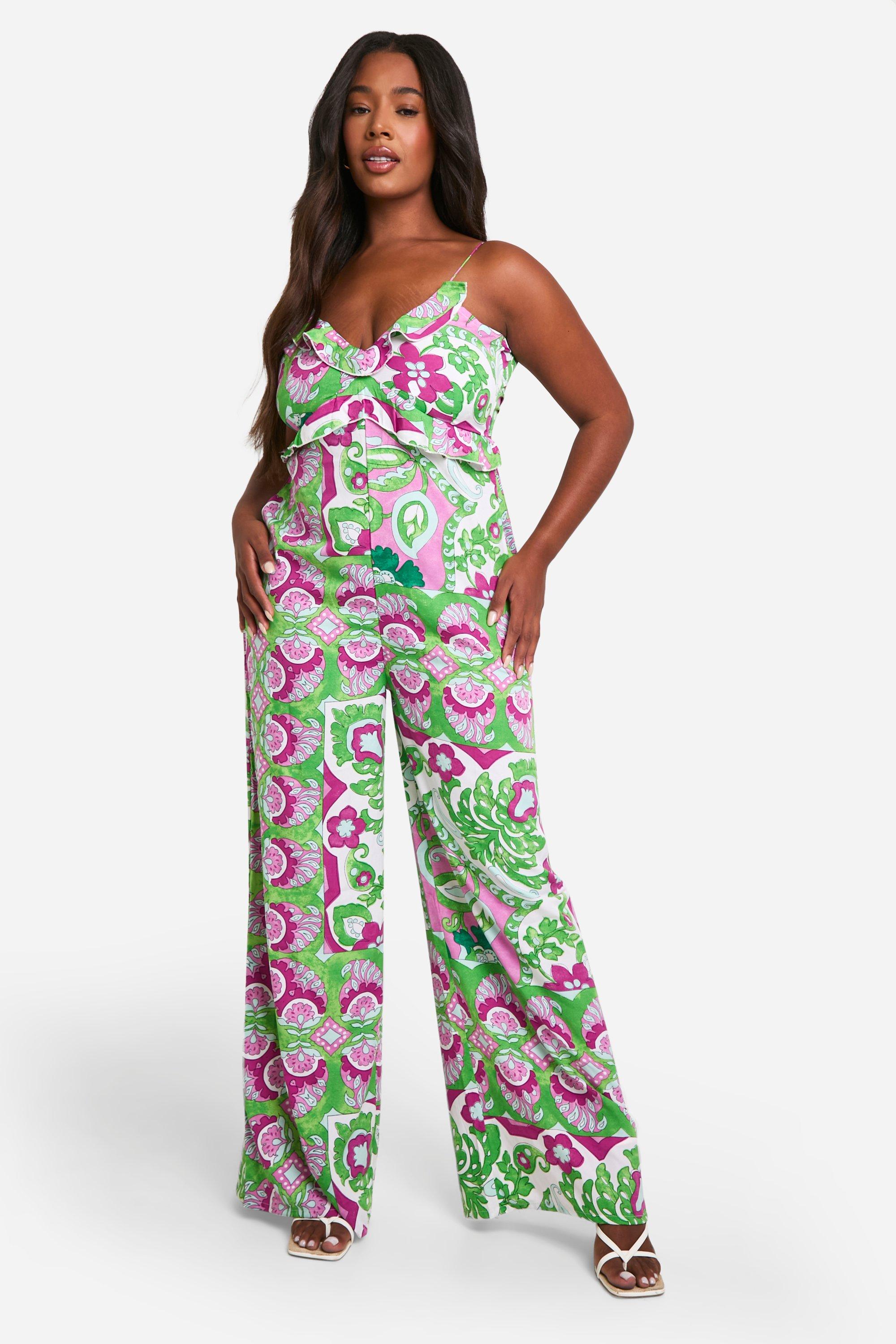 Image of Plus Woven Paisley Print Strappy Jumpsuit, Verde