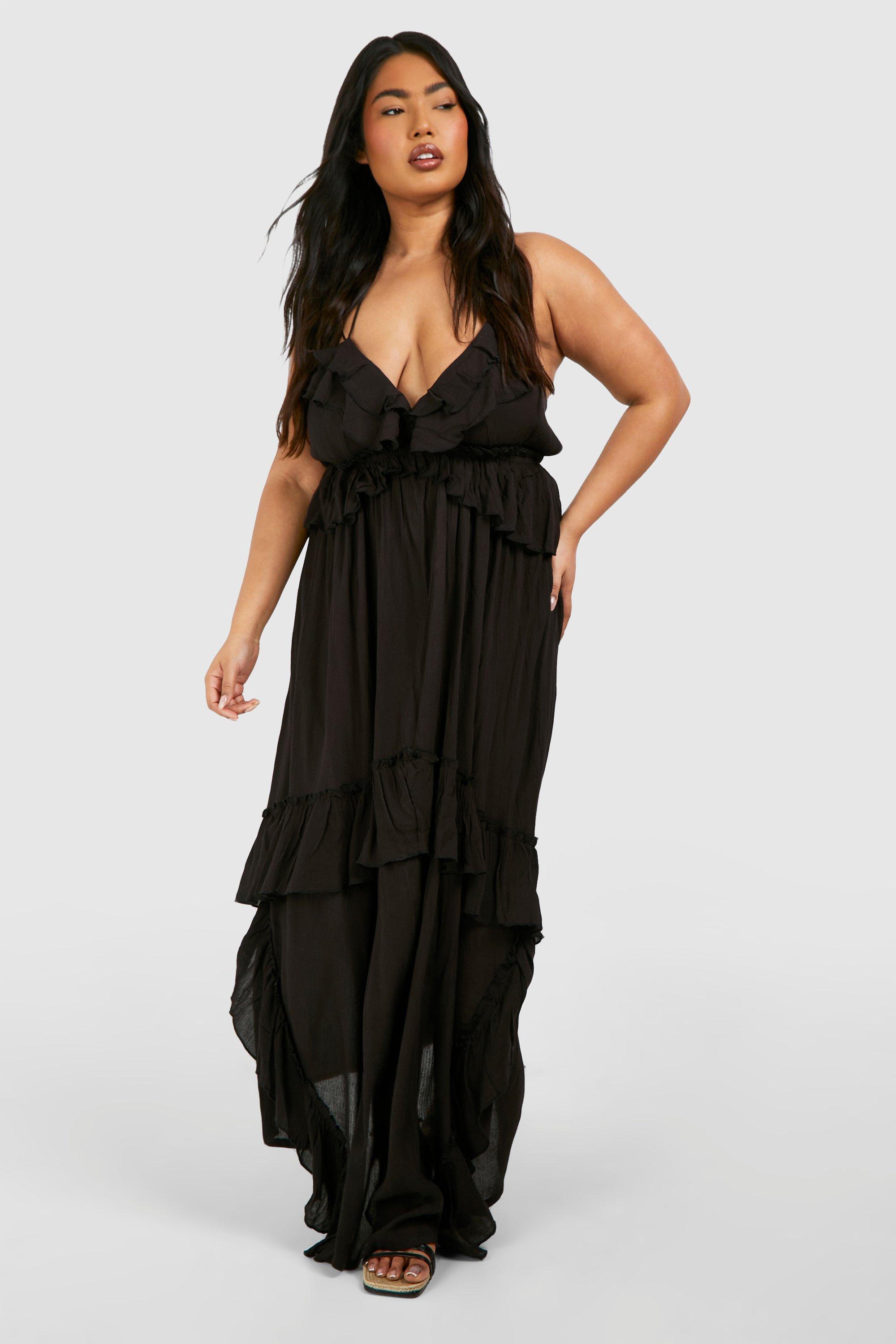 Boohoo Plus Cheesecloth Ruffle Frill Detail Strappy Maxi Dress, Black