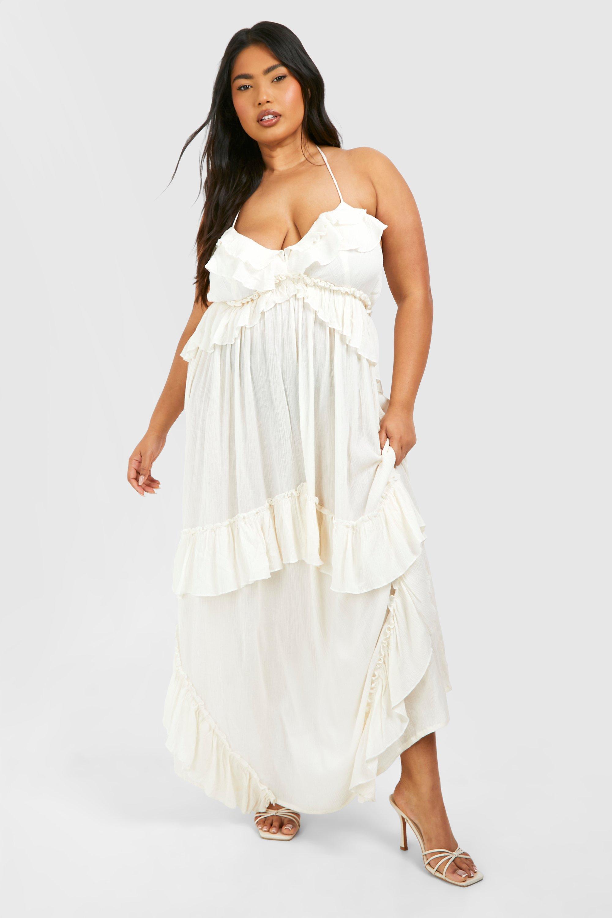 Boohoo Plus Cheesecloth Ruffle Frill Detail Strappy Maxi Dress, Stone
