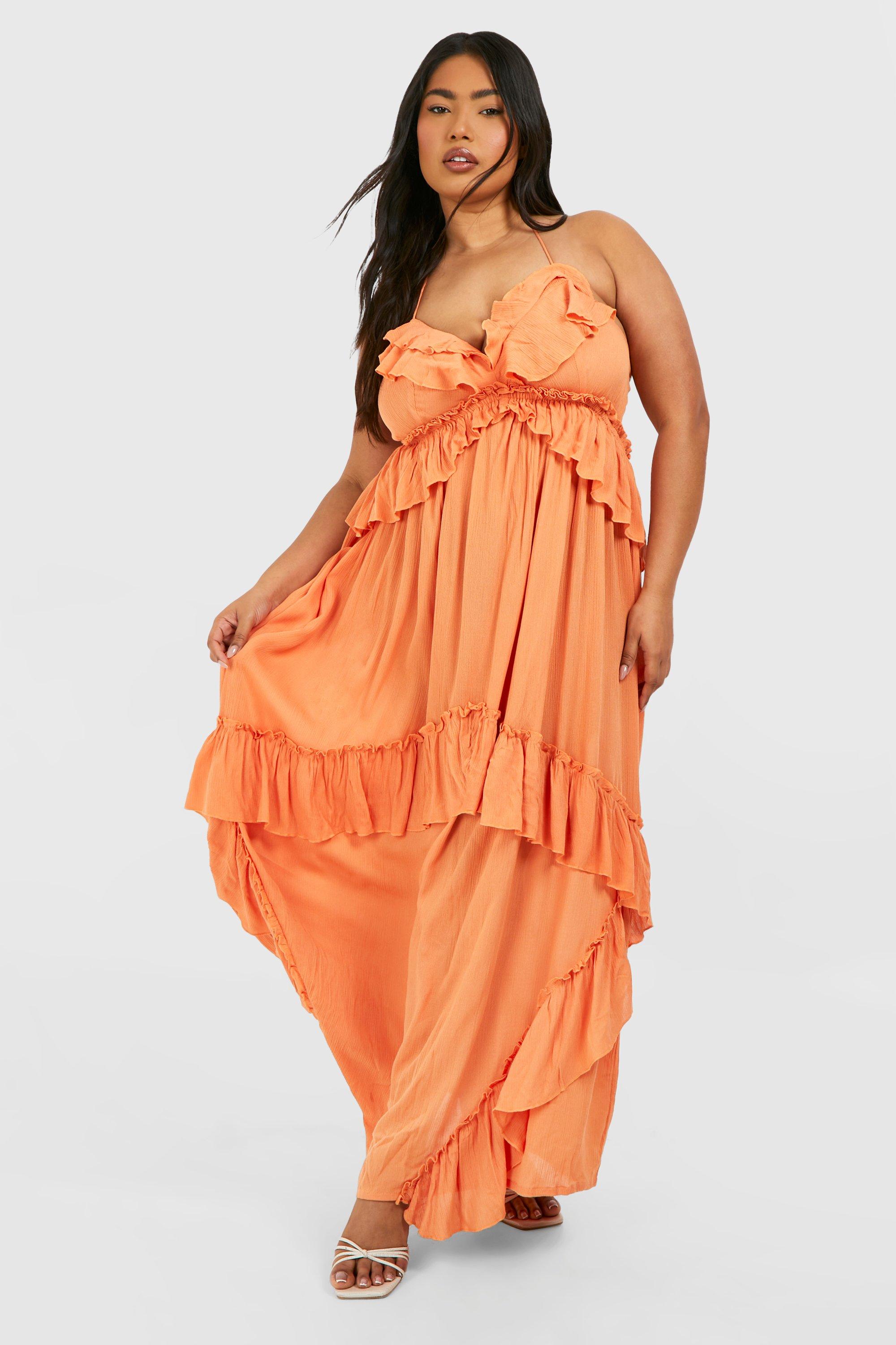 Boohoo Plus Cheesecloth Ruffle Frill Detail Strappy Maxi Dress, Terracotta
