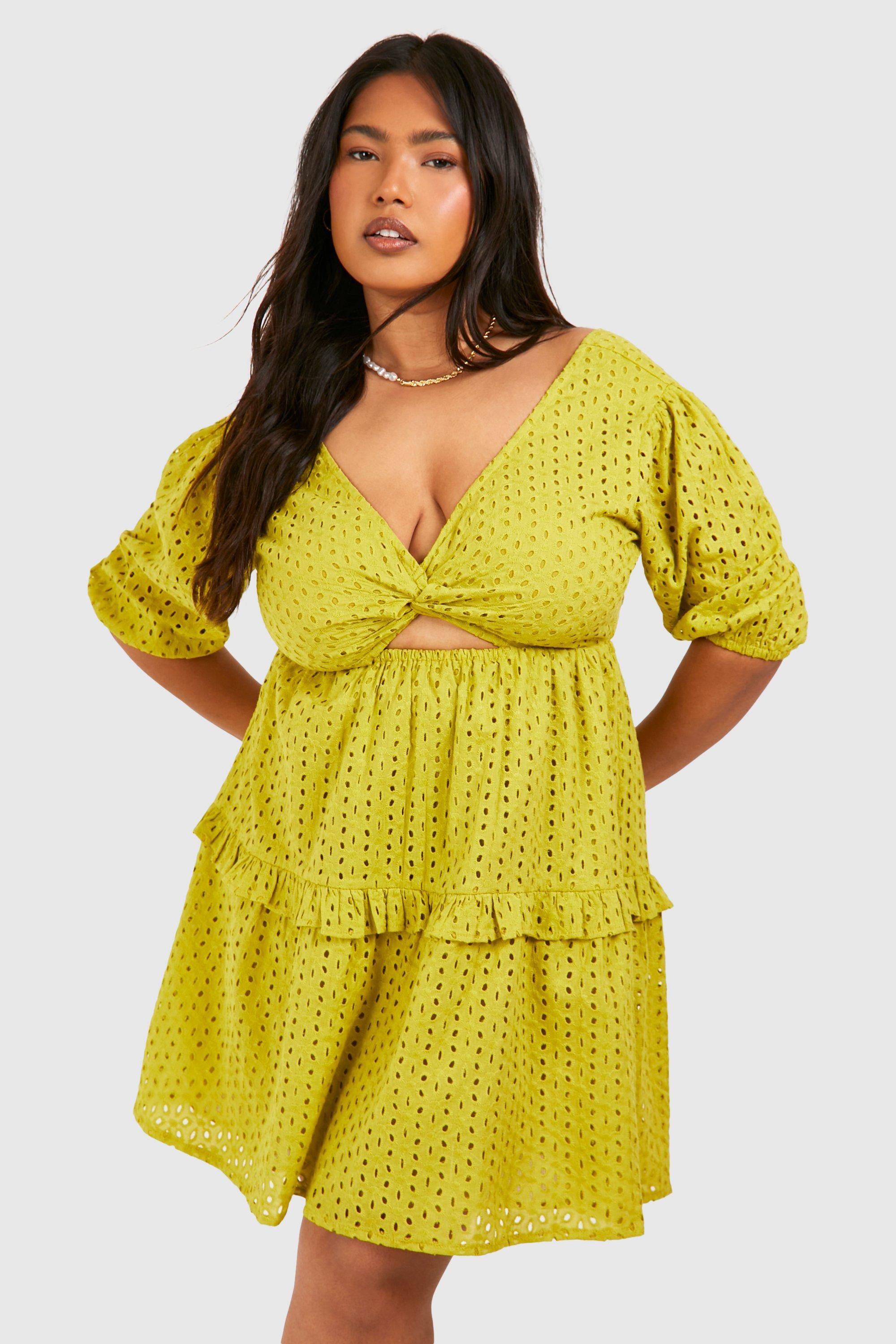 Boohoo Plus Woven Broderie Cut Out Detail Mini Dress, Olive