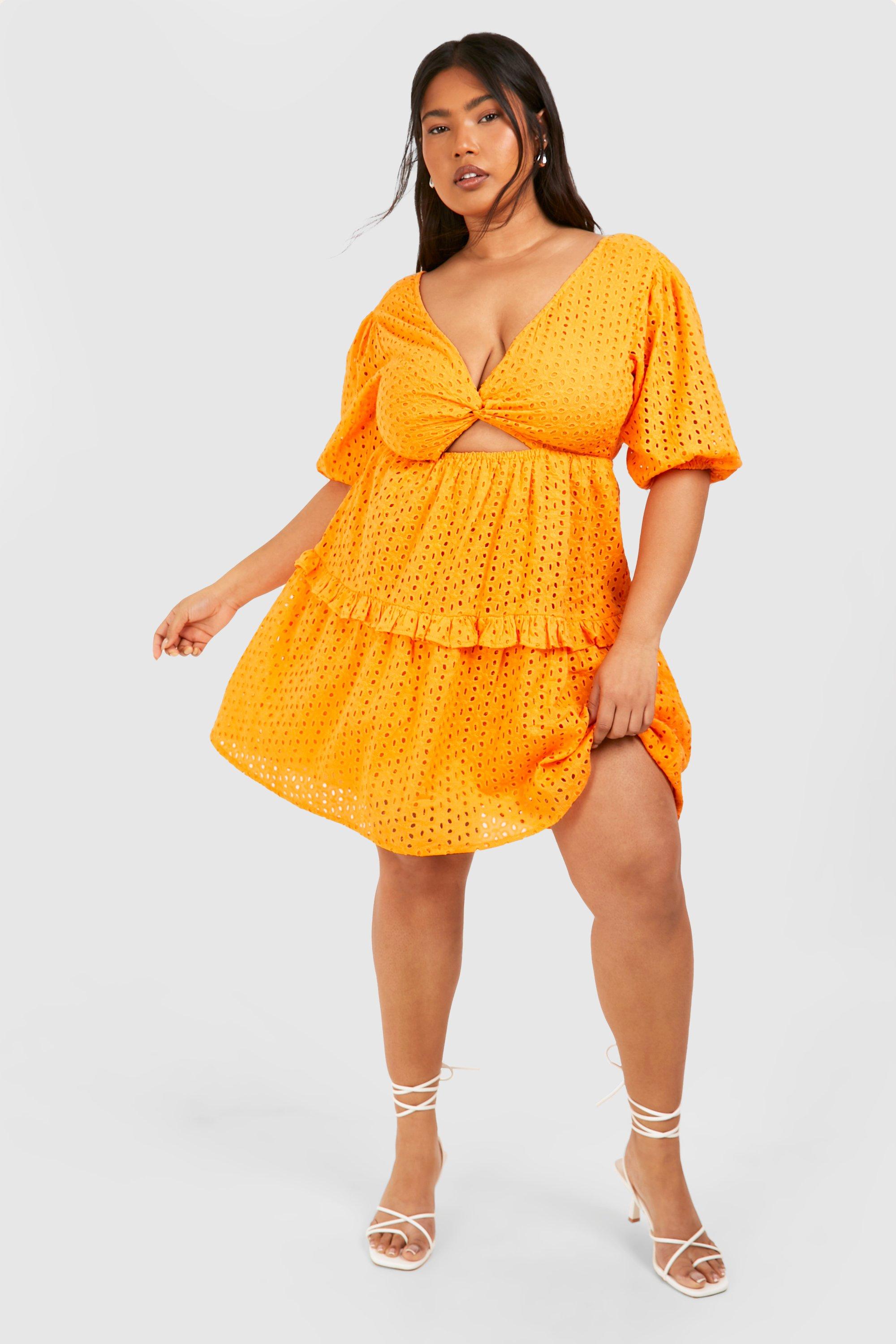 Boohoo Plus Woven Broderie Cut Out Detail Mini Dress, Orange