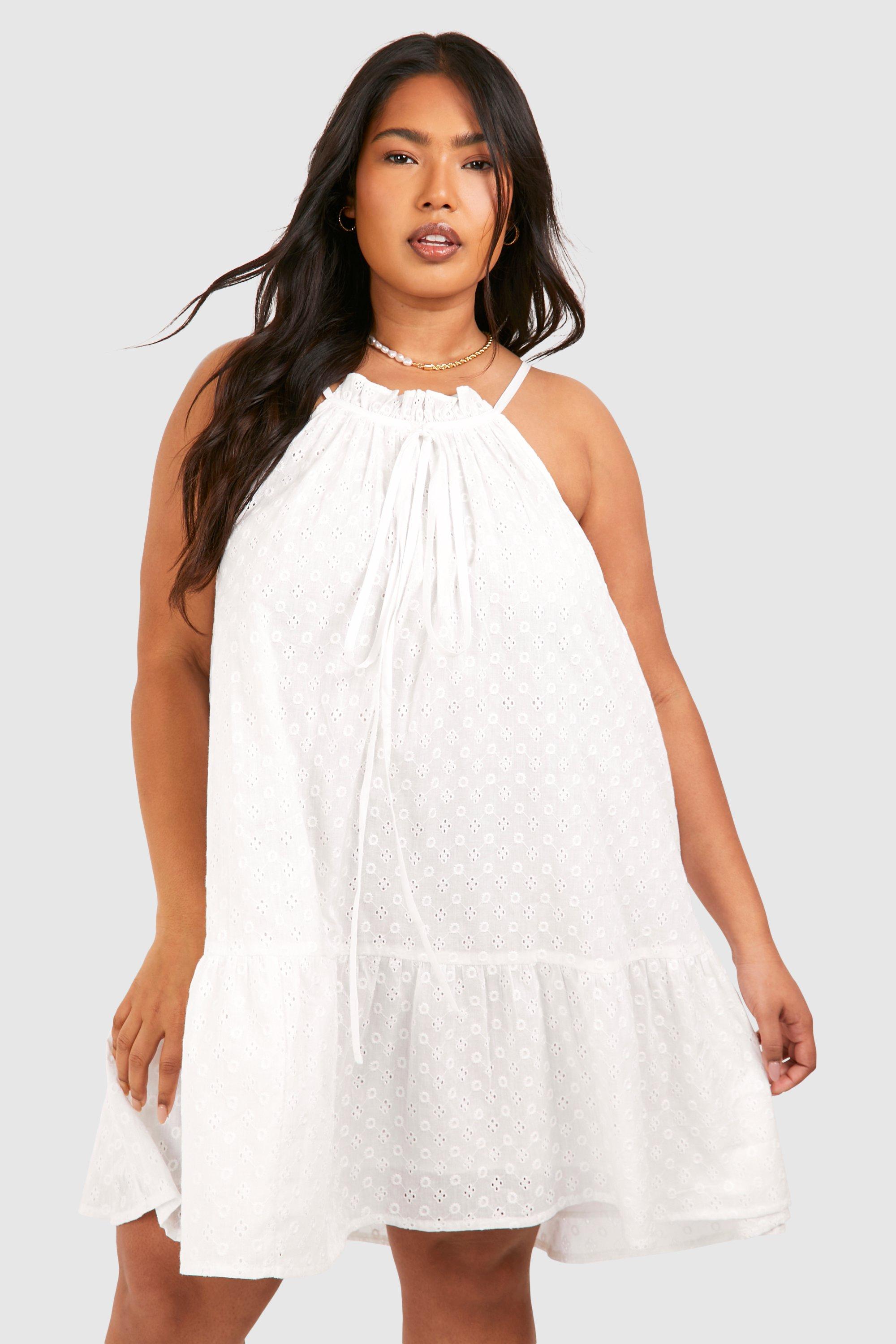 Boohoo Plus Woven Broderie Frill Hem Volume Mini Dress 1, White