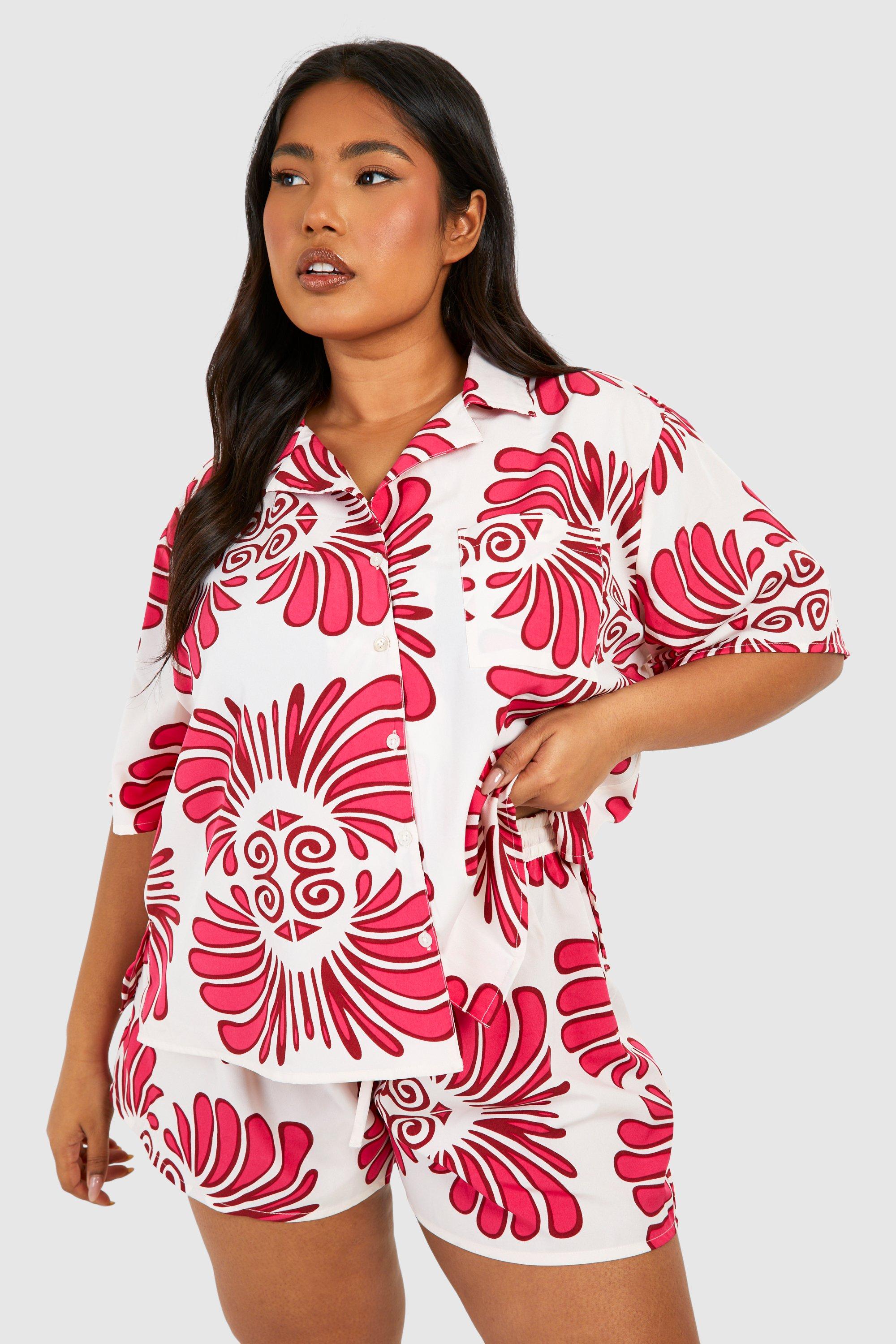 Image of Plus Woven Abstract Print Short Sleeve Shirt & Short Co-ord, Pink