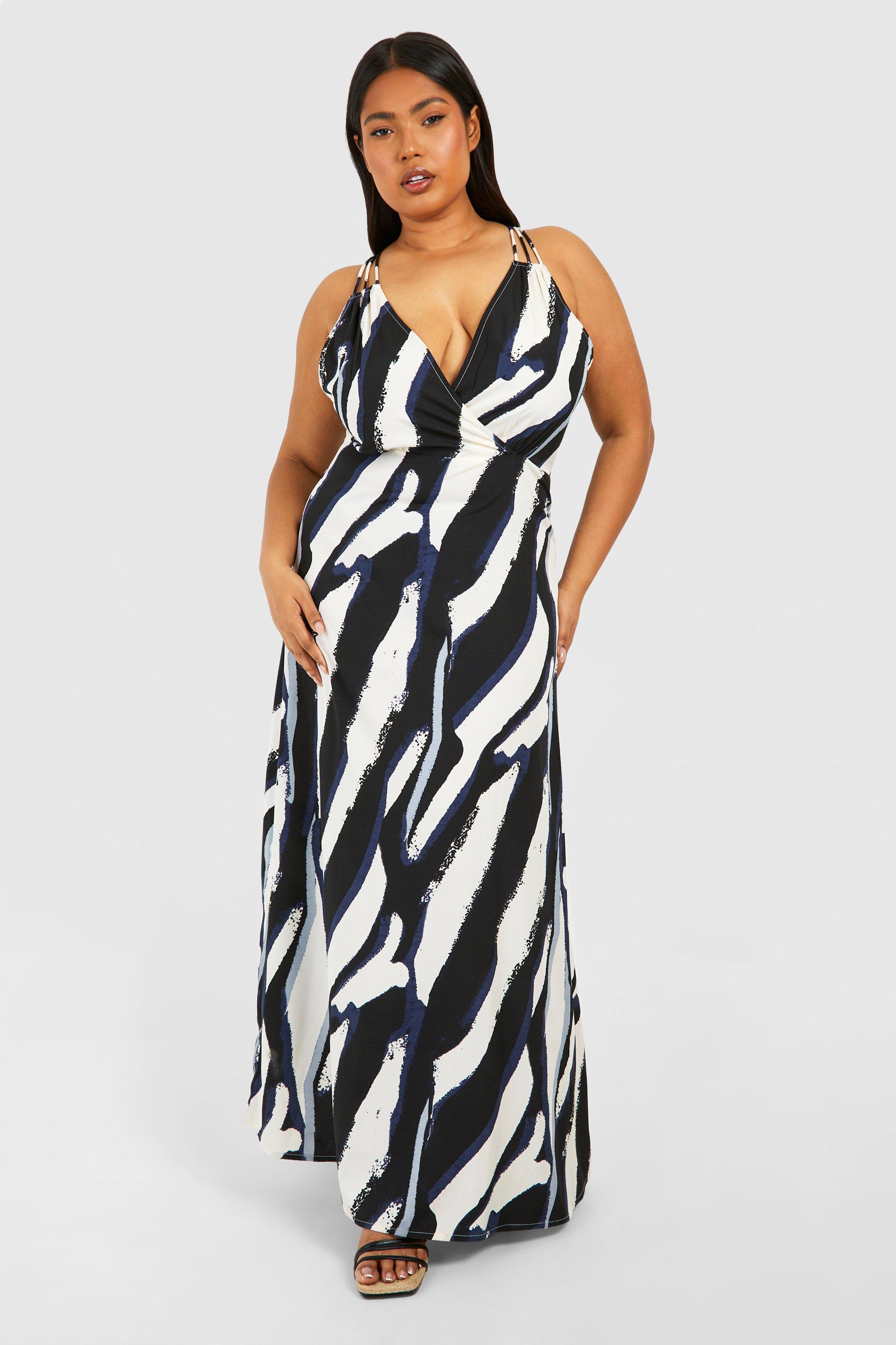 Image of Plus Woven Zebra Print Strappy V Neck Maxi Dress, Mono