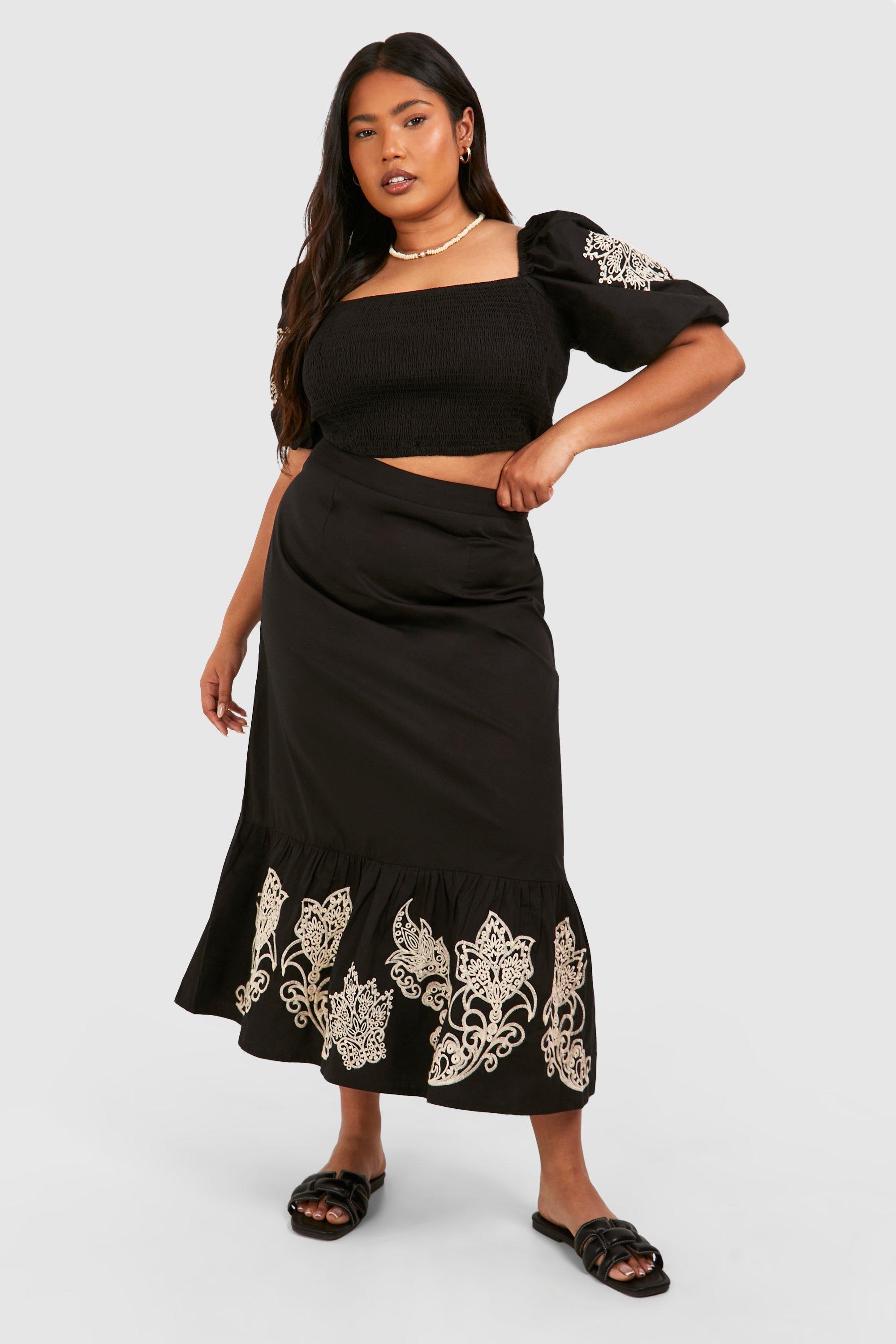 Image of Plus Woven Embroidery Midaxi Skirt, Nero