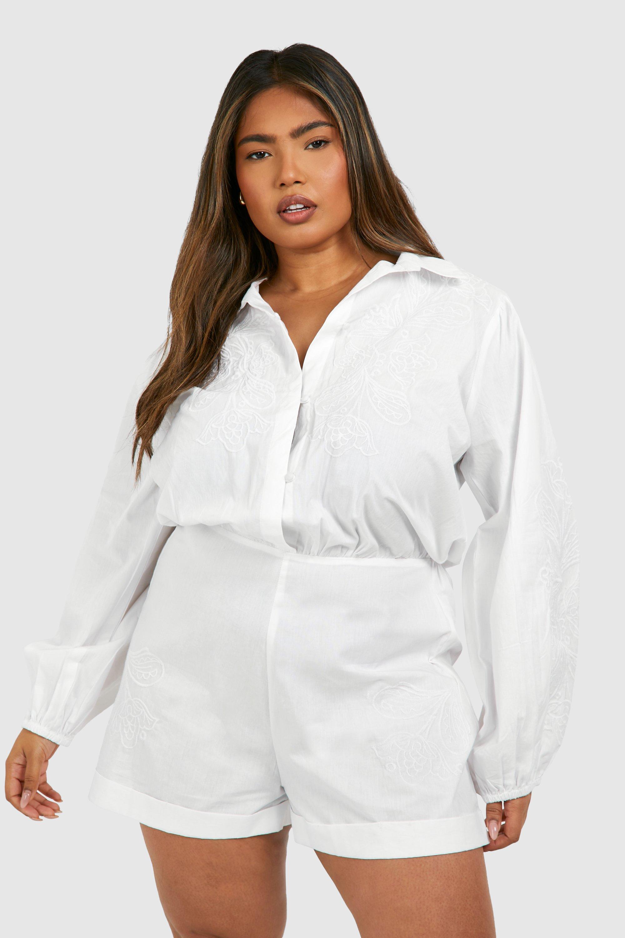 Image of Plus Woven Embroidery Detail Long Sleeve Playsuit, Bianco