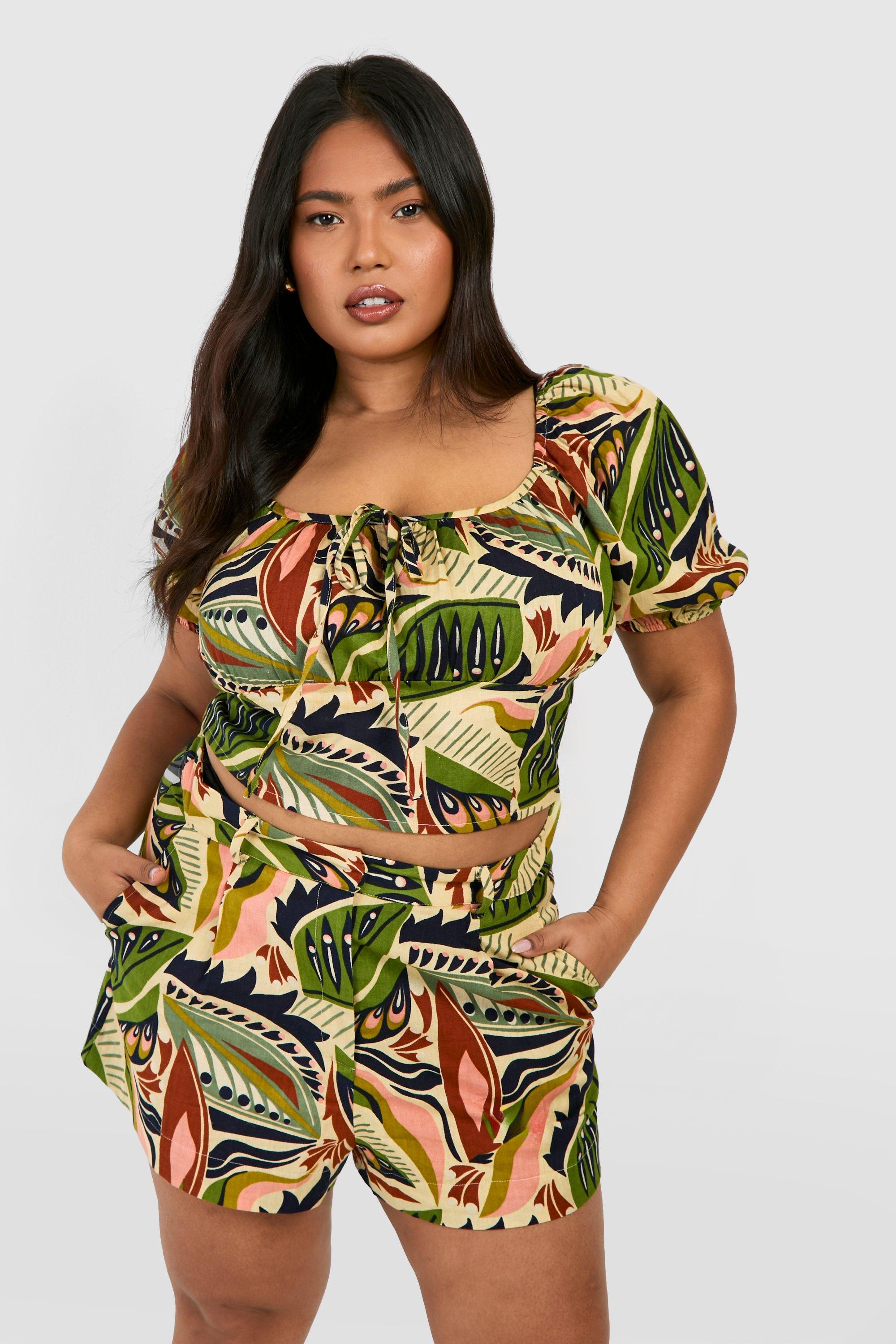 Image of Plus Linen Feel Paisley Print Puff Sleeve Ruched Crop Top, Verde