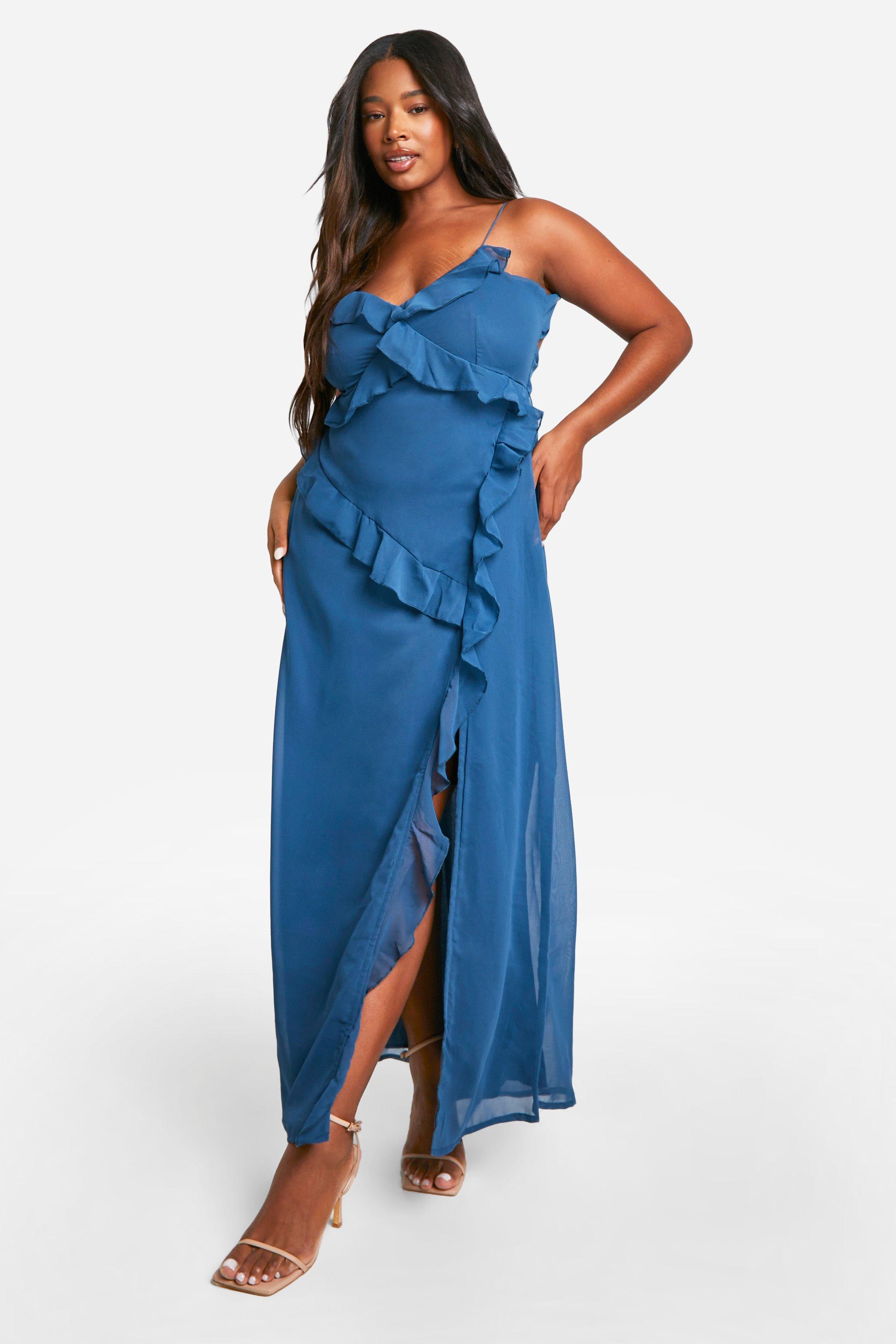 Boohoo Plus Woven Abstract Print Ruffle Detail Strappy Maxi Dress 1, Blue