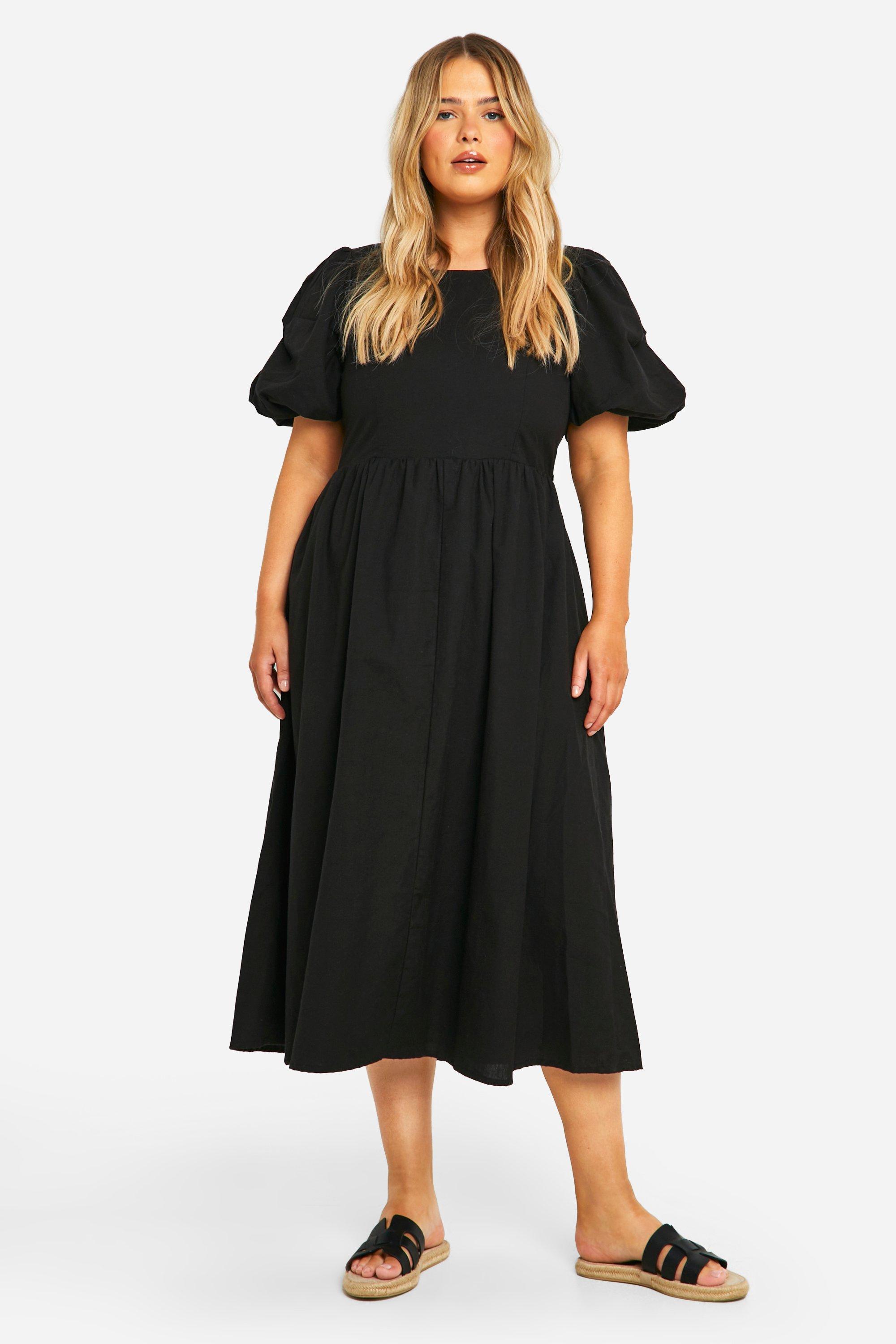 Boohoo Plus Linen Feel Puff Sleeve Midi Dress, Black