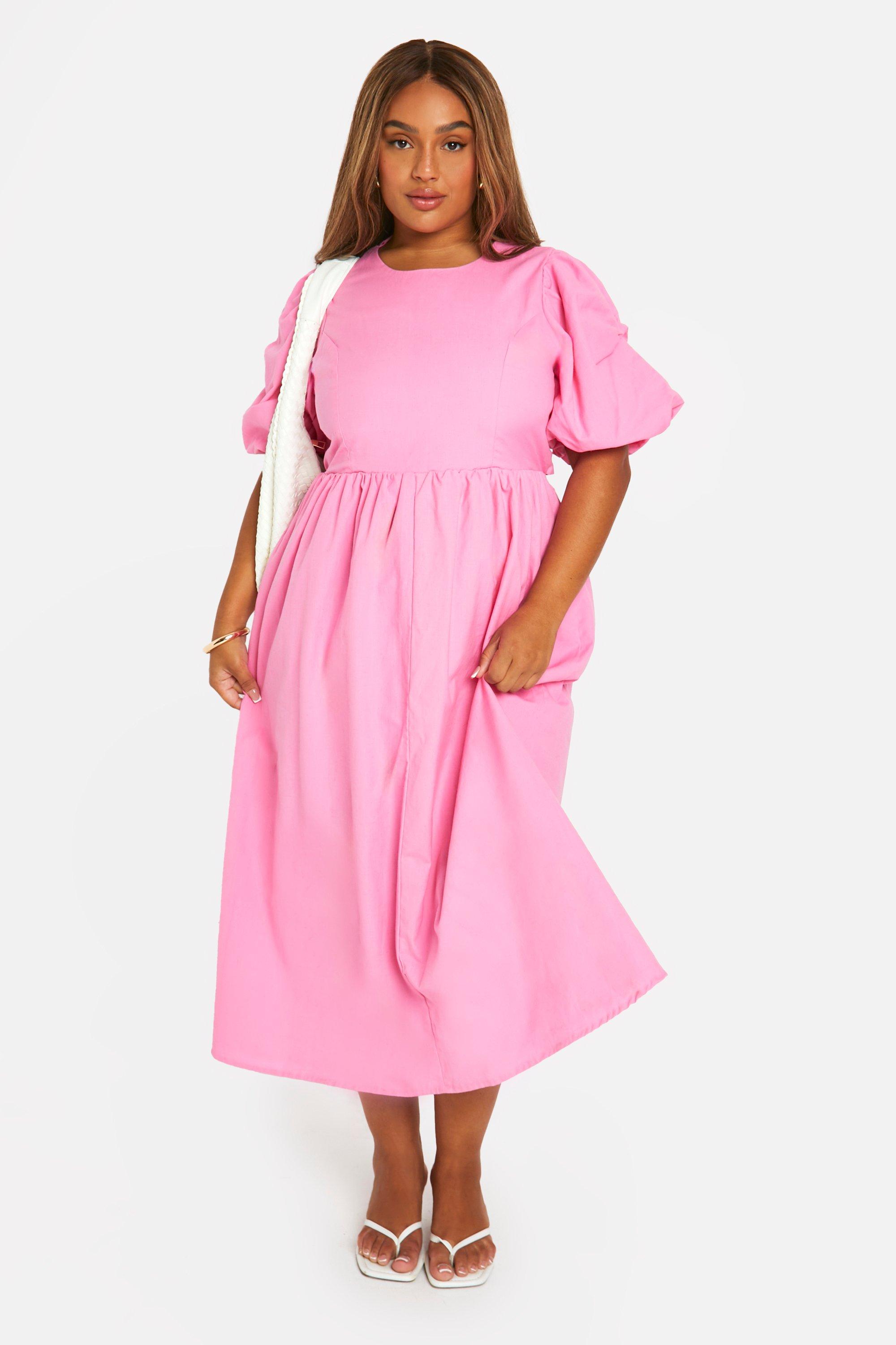 Boohoo Plus Linen Feel Puff Sleeve Midi Dress, Pink