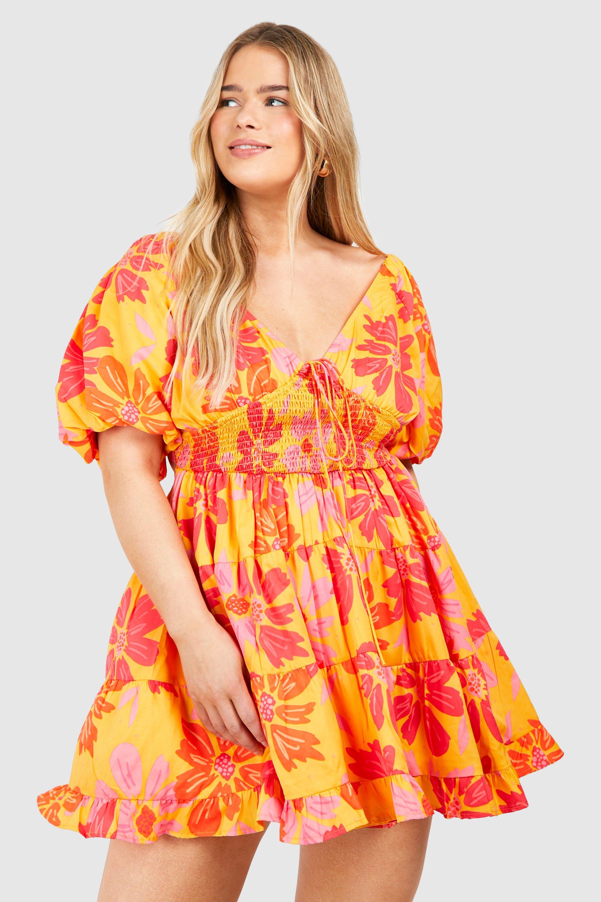 Boohoo Plus Woven Floral Print Shirred Waist Skater Dress, Orange