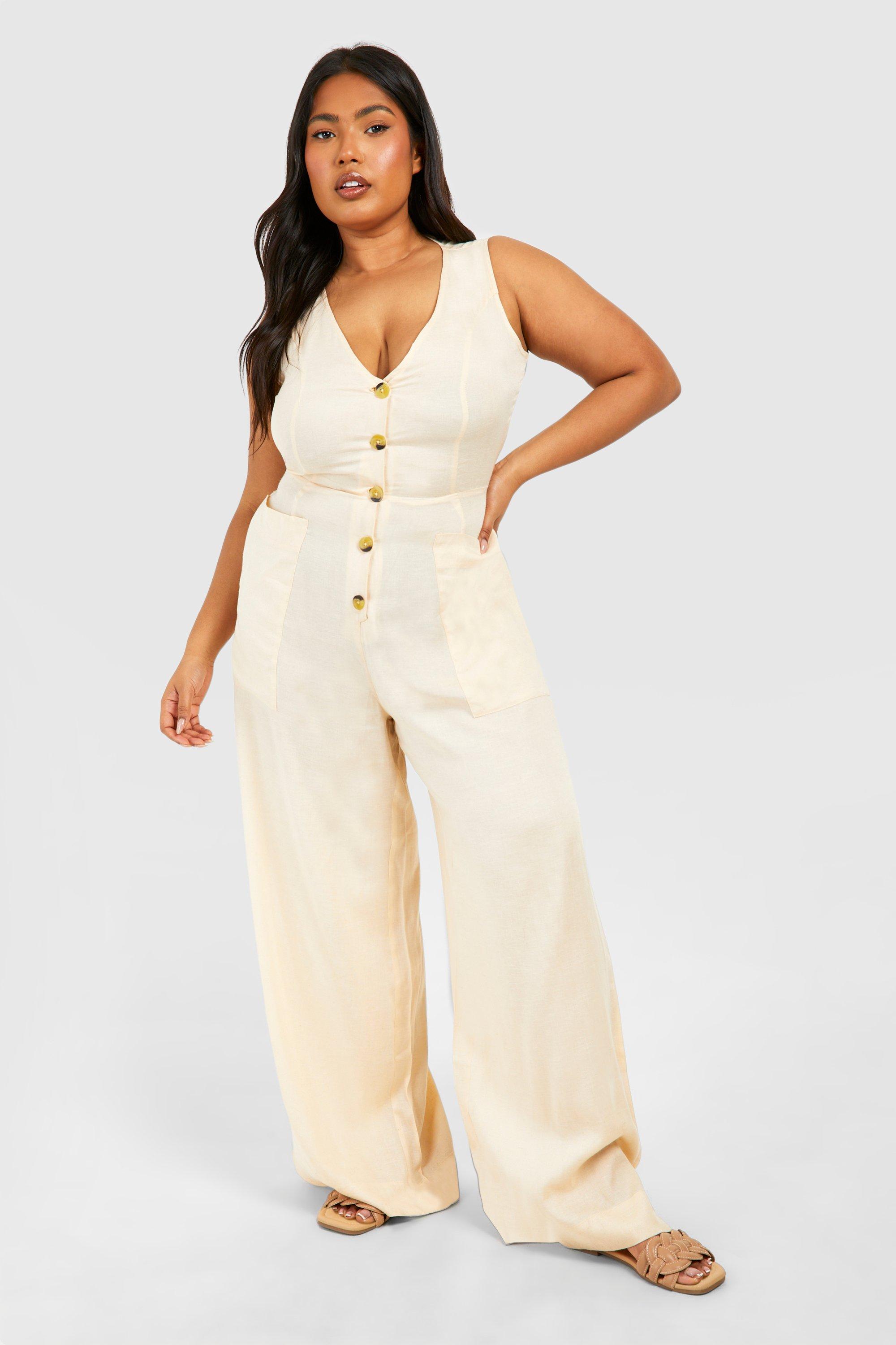 Image of Plus Woven Tailored Button Down Jumpsuit, Beige