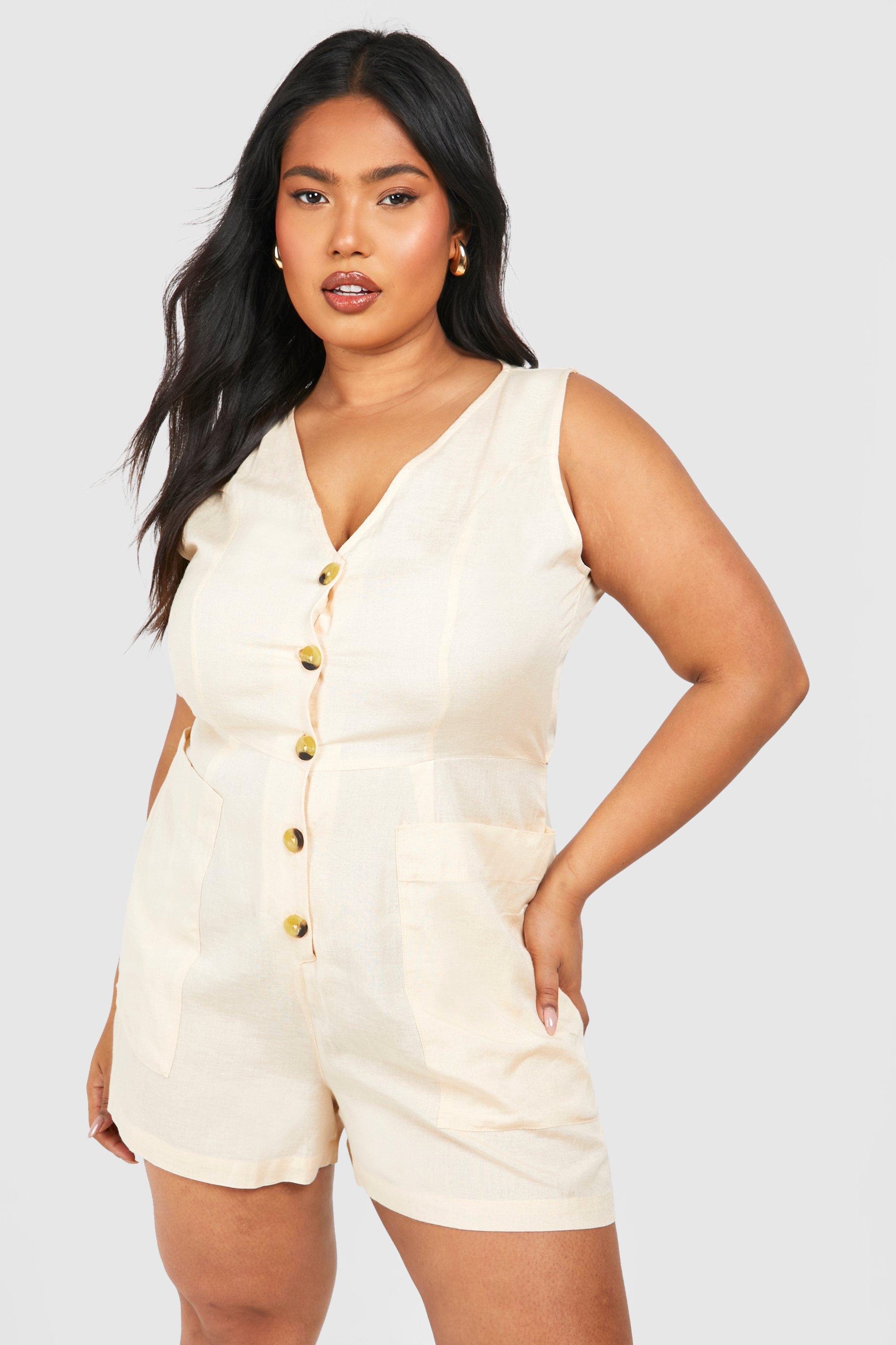 Image of Plus Woven Tailored Button Down Playsuit, Beige