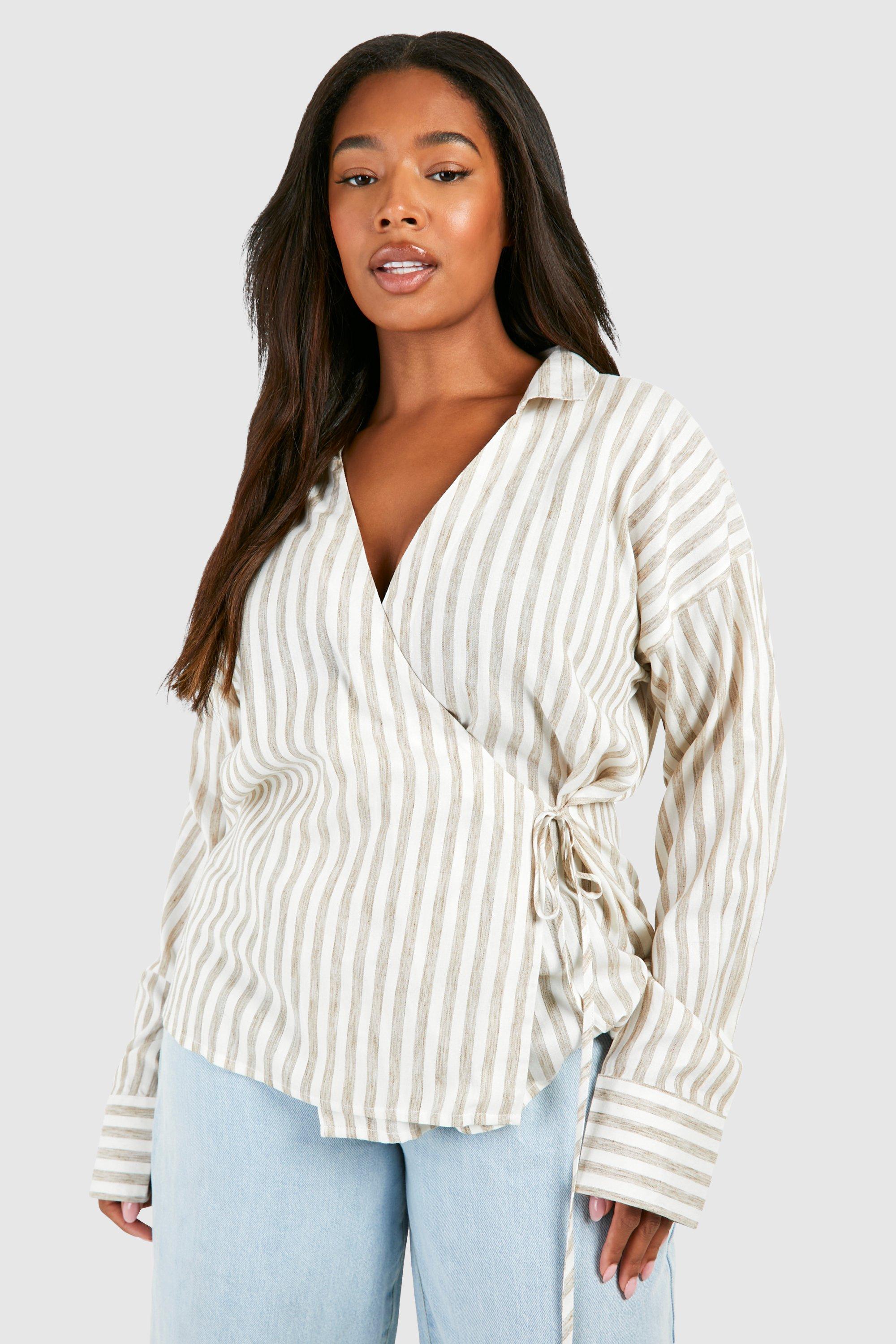Image of Plus Woven Stripe Wrap Long Sleeve Shirt, Beige