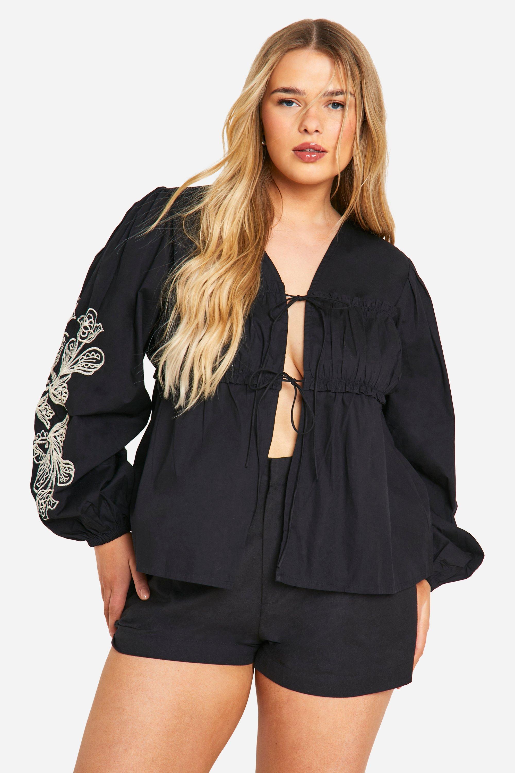 Image of Plus Woven Embroidery Detail Ling Sleeve Tie Detail Blouse, Nero