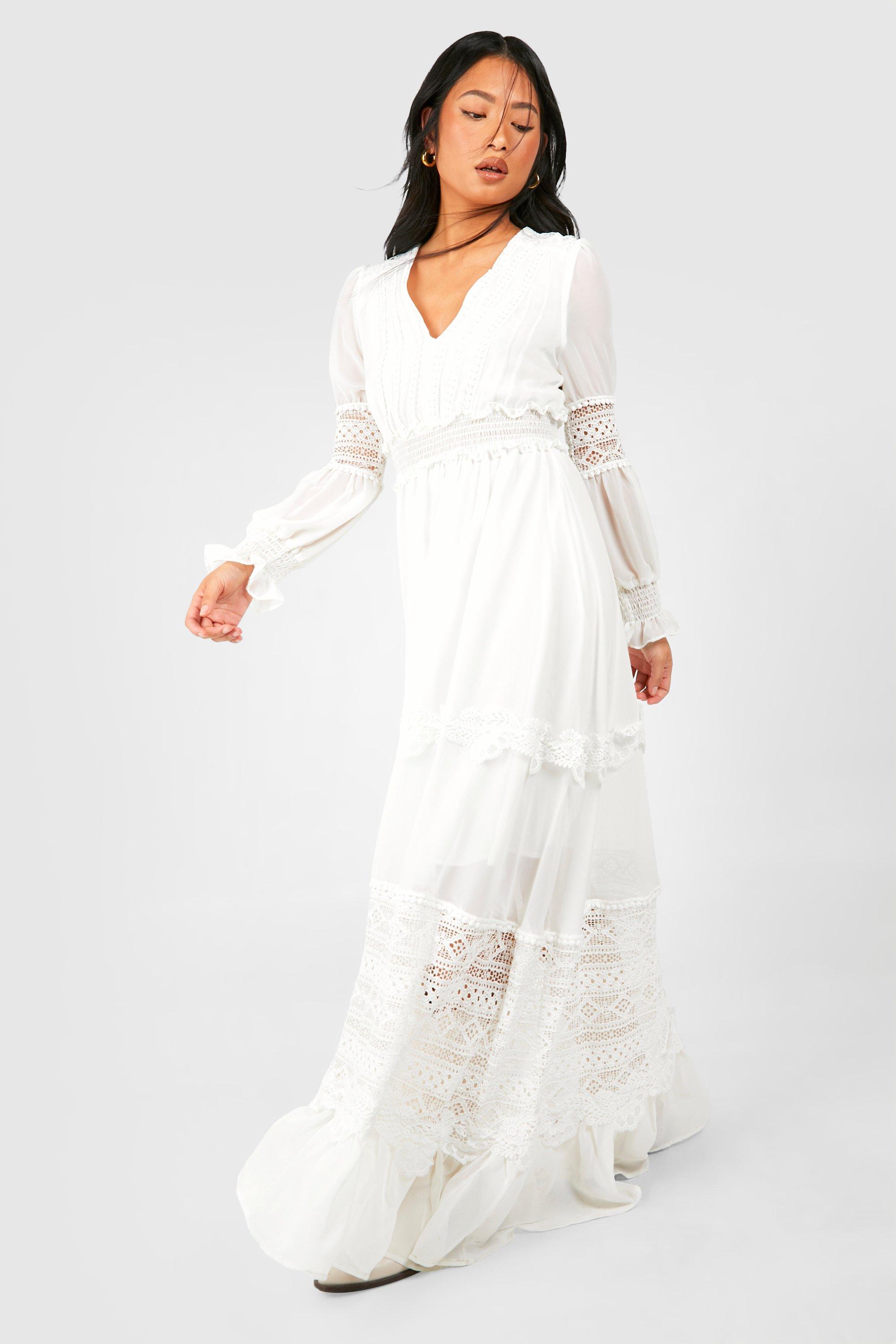 Image of Petite Boho Lace Detail Tierred Maxi Dress, Bianco