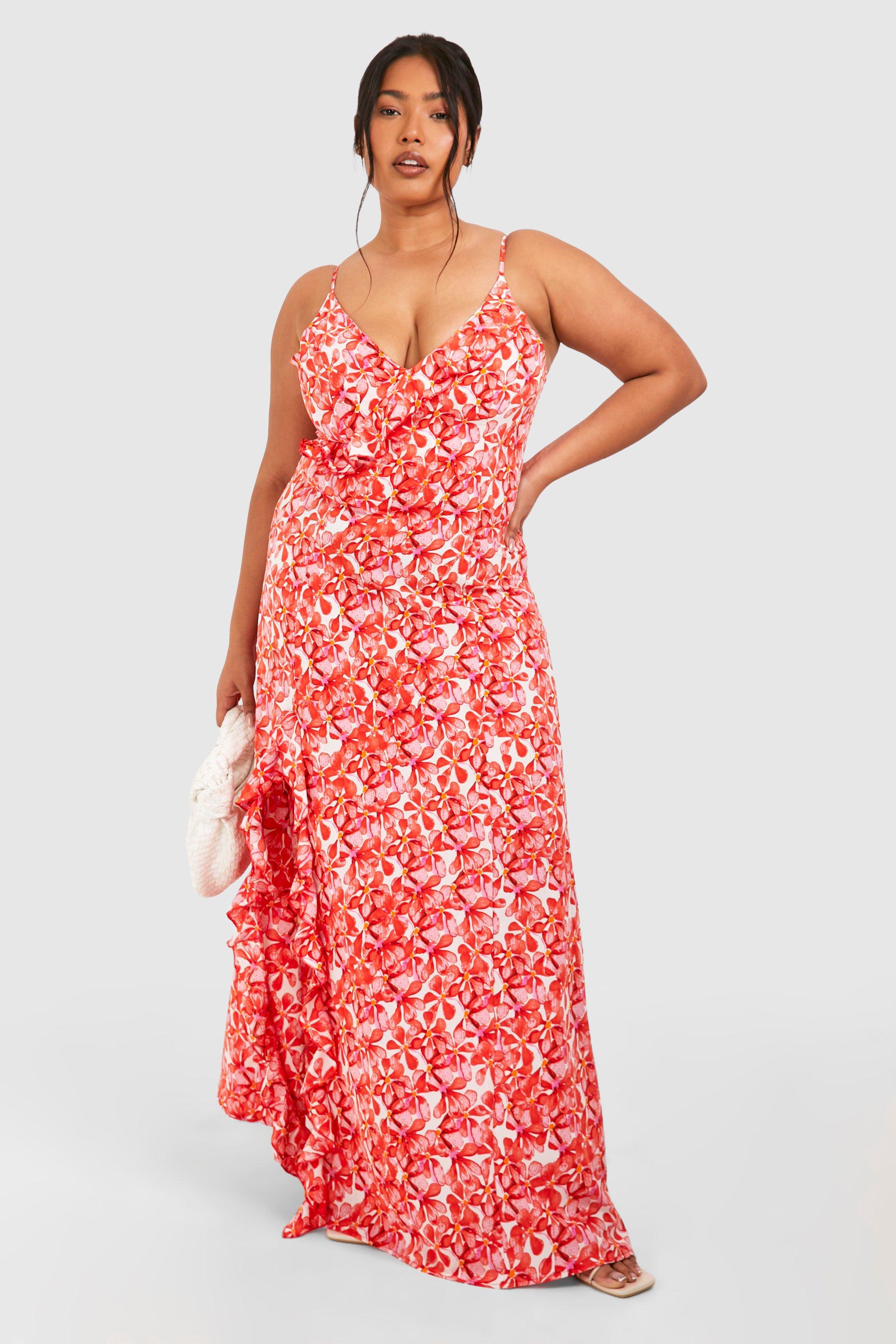 Image of Plus Floral Print Strappy Split Maxi Dress, Rosso