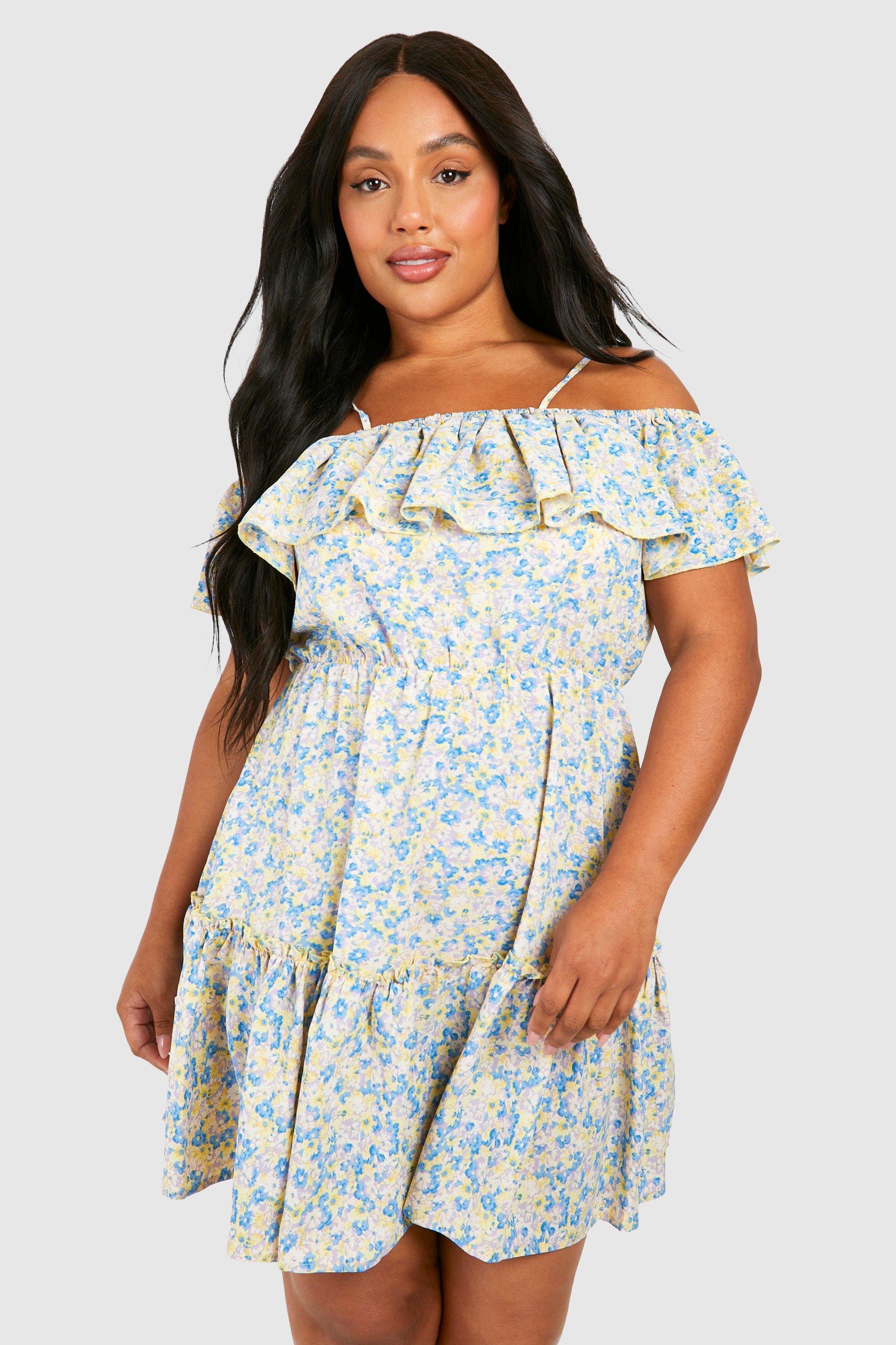 Image of Plus Woven Ditsy Floral Cold Shoulder Skater Dress, Giallo