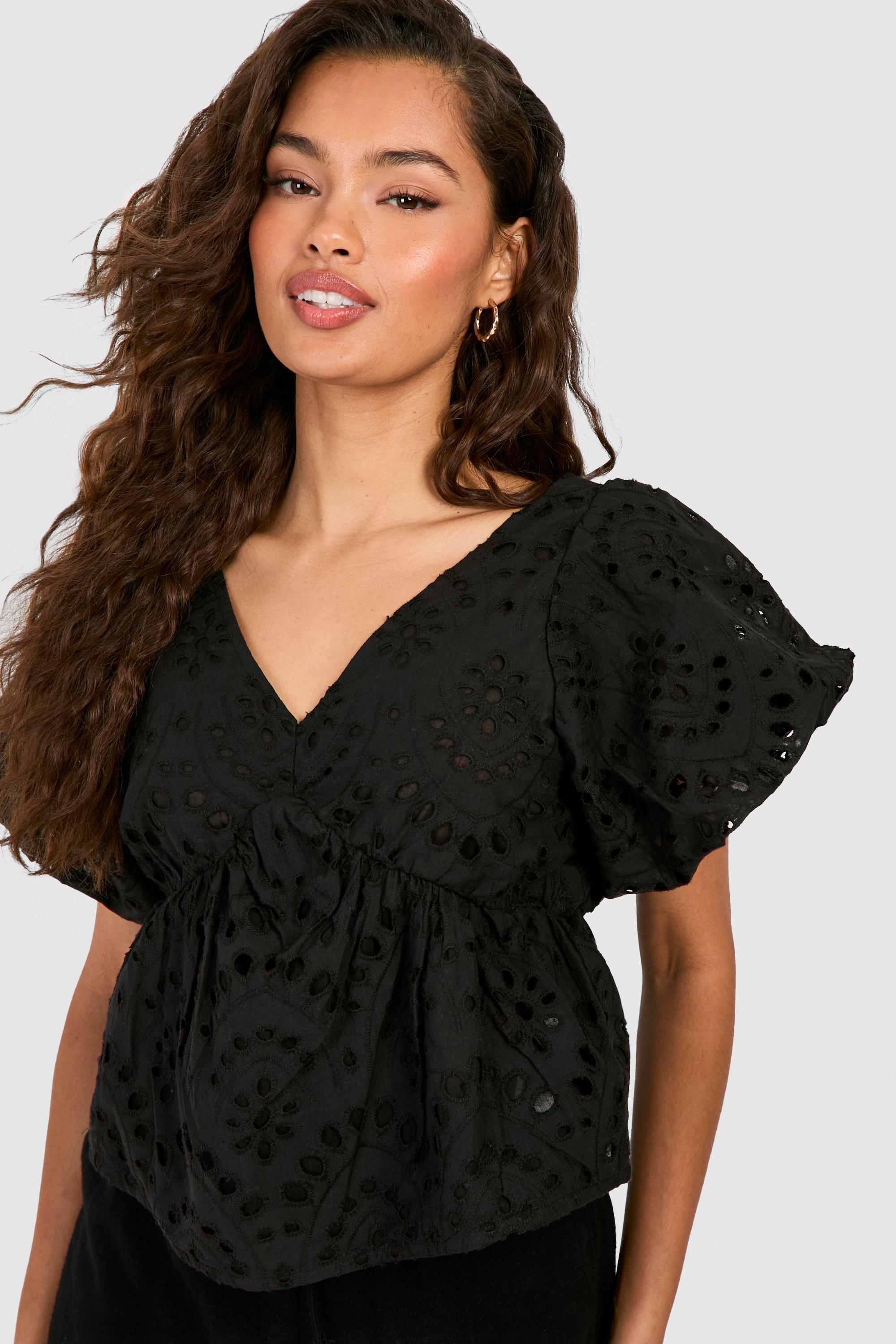 Boohoo Geborduurde Top Met Geplooide Schouders, Black