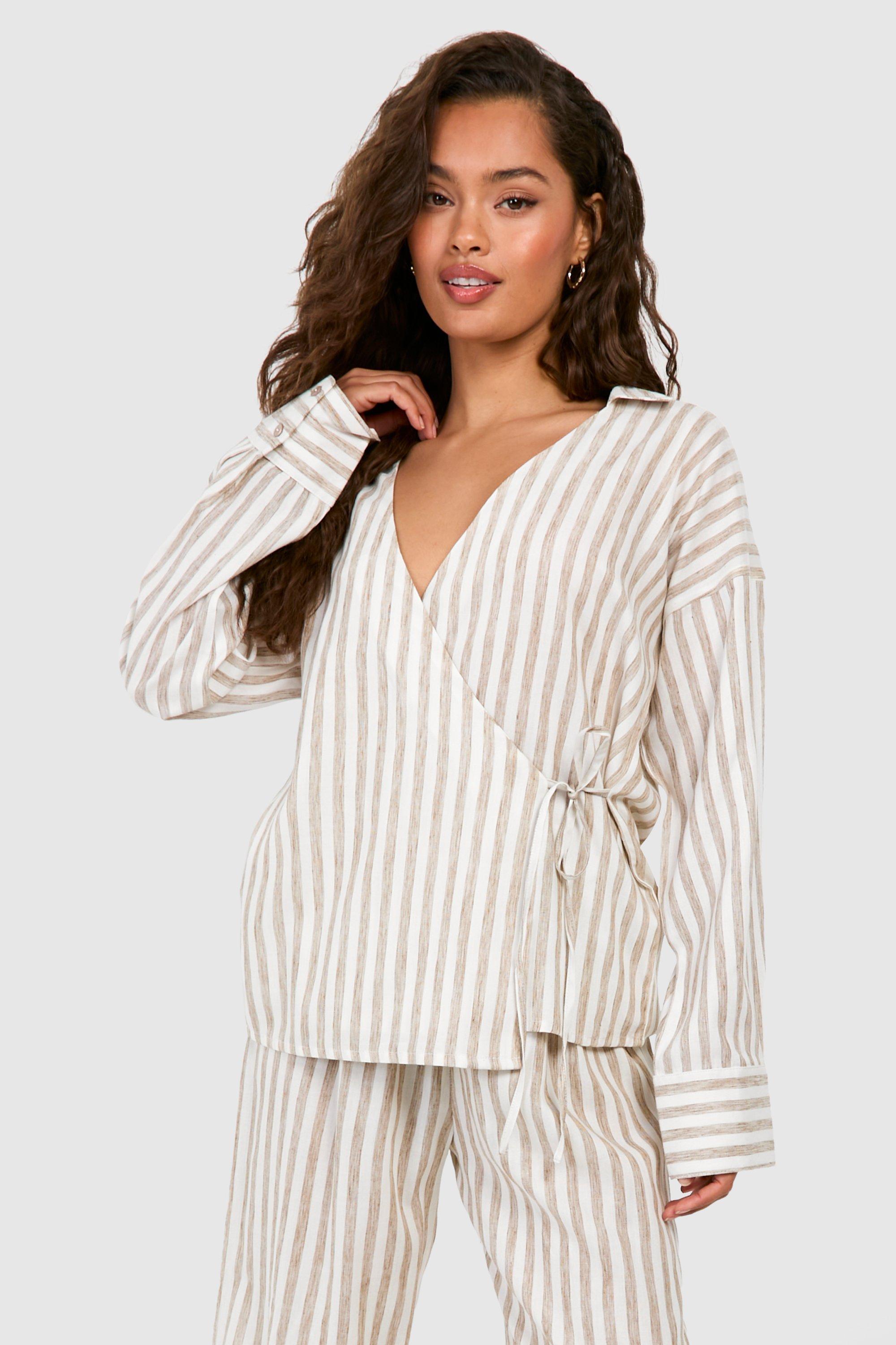 Image of Stripe Linen Wrap Shirt, Cream