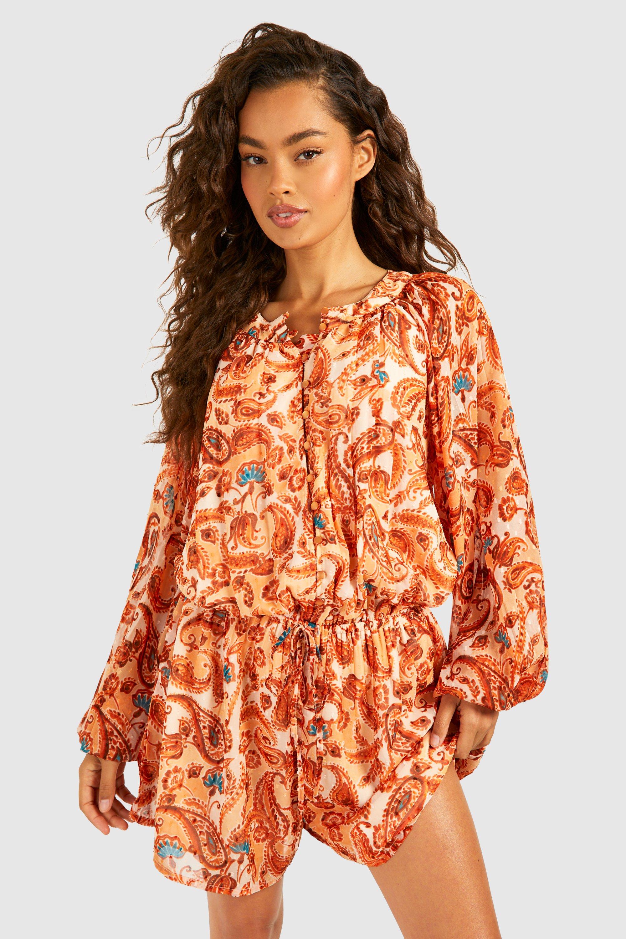 Image of Printed Dobby Long Sleeve Button Front Playsuit, Bianco