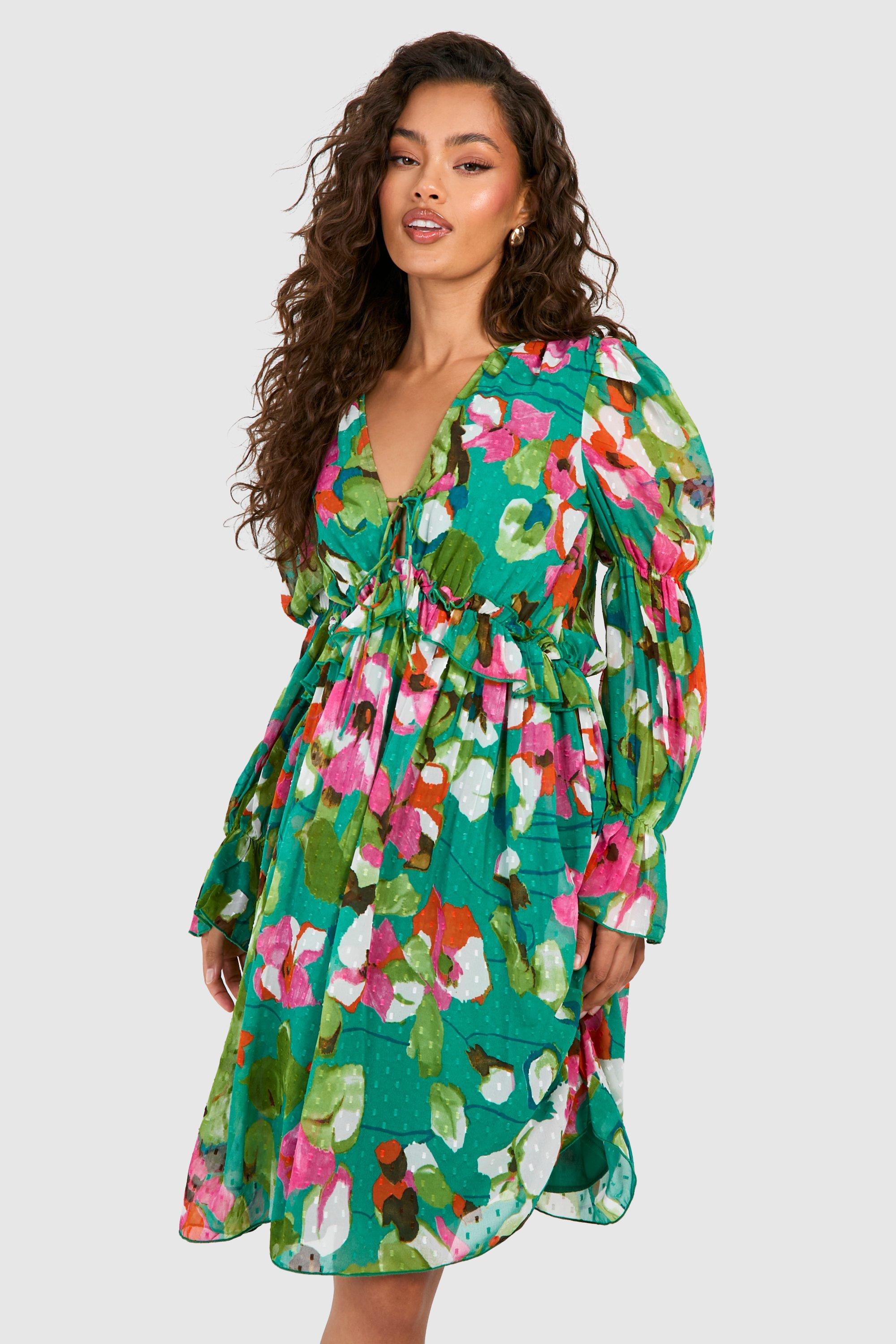 Image of Floral Dobby Plunge Puff Sleeve Midaxi Dress, Verde
