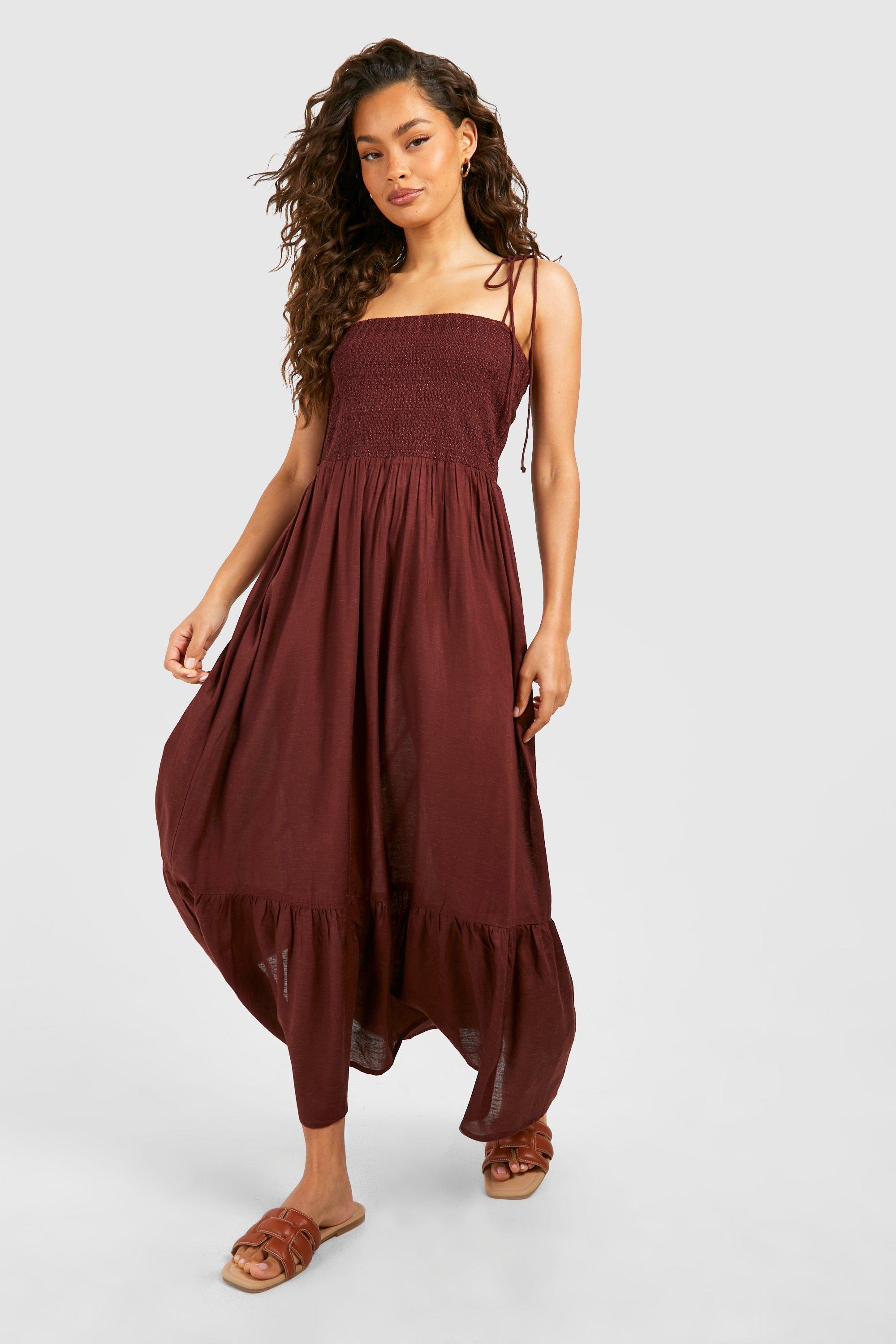 Womens Linen Look Shirred Bandeau Maxi Dress - Brown - 10, Brown