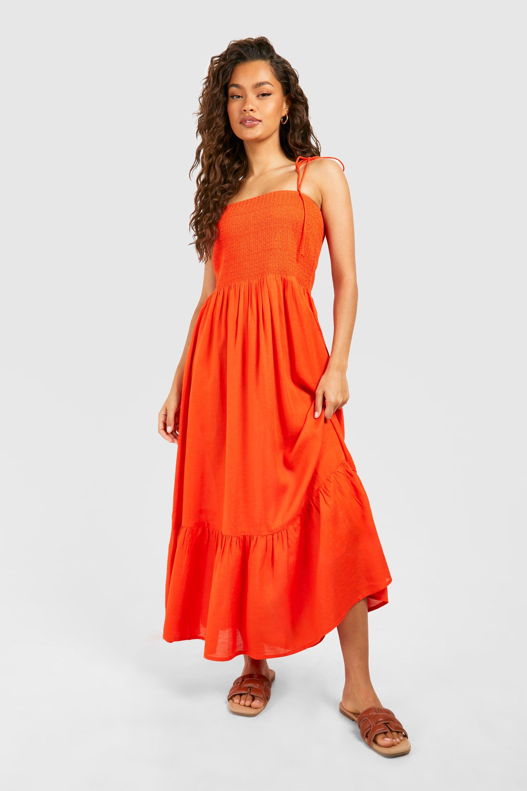Womens Linen Look Shirred Bandeau Maxi Dress - Orange - 18, Orange
