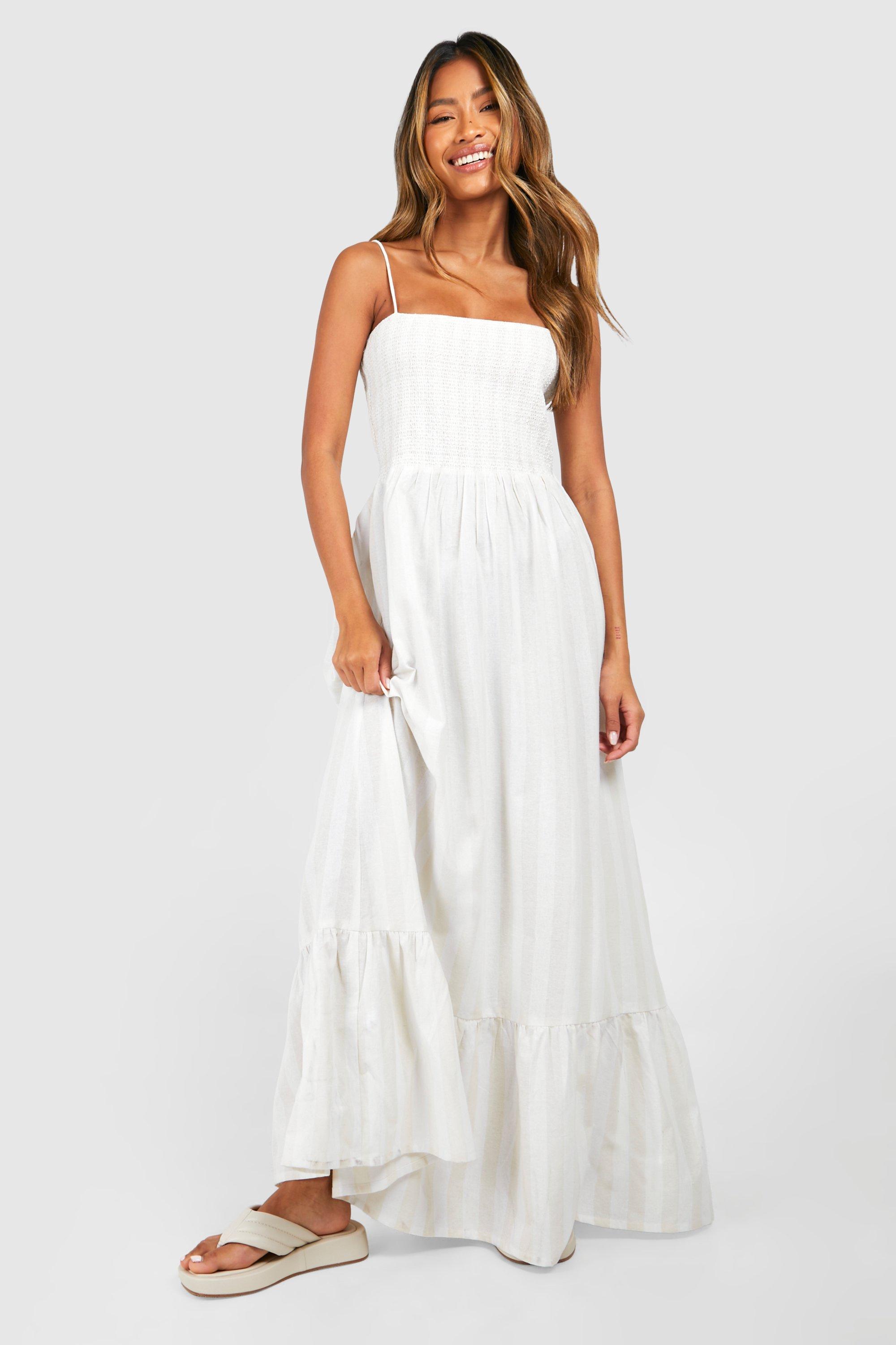 Womens Linen Look Shirred Stripe Bandeau Maxi Dress - Cream - 8, Cream