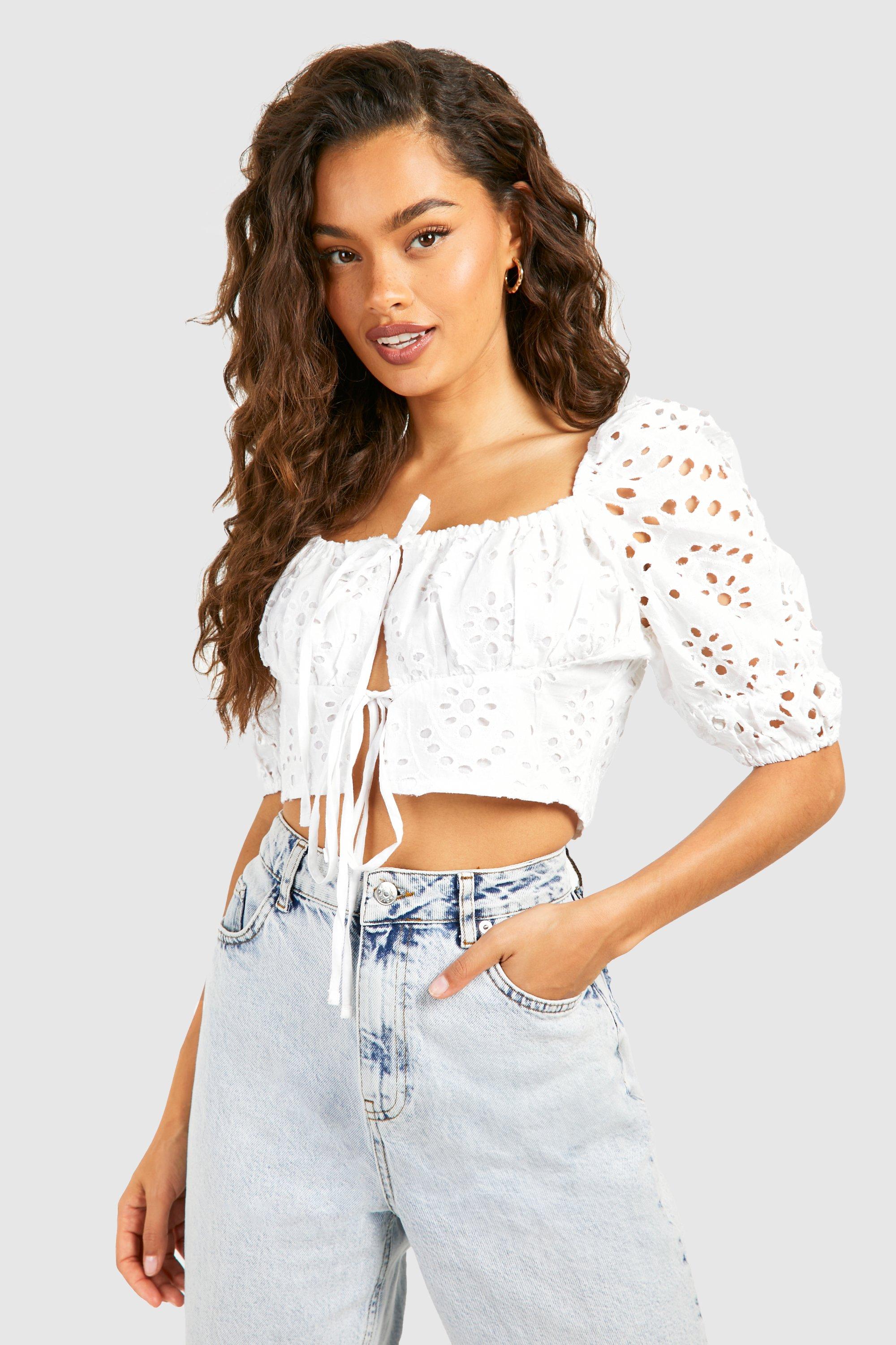 Image of Embroidery Short Sleeve Crop Top, Bianco