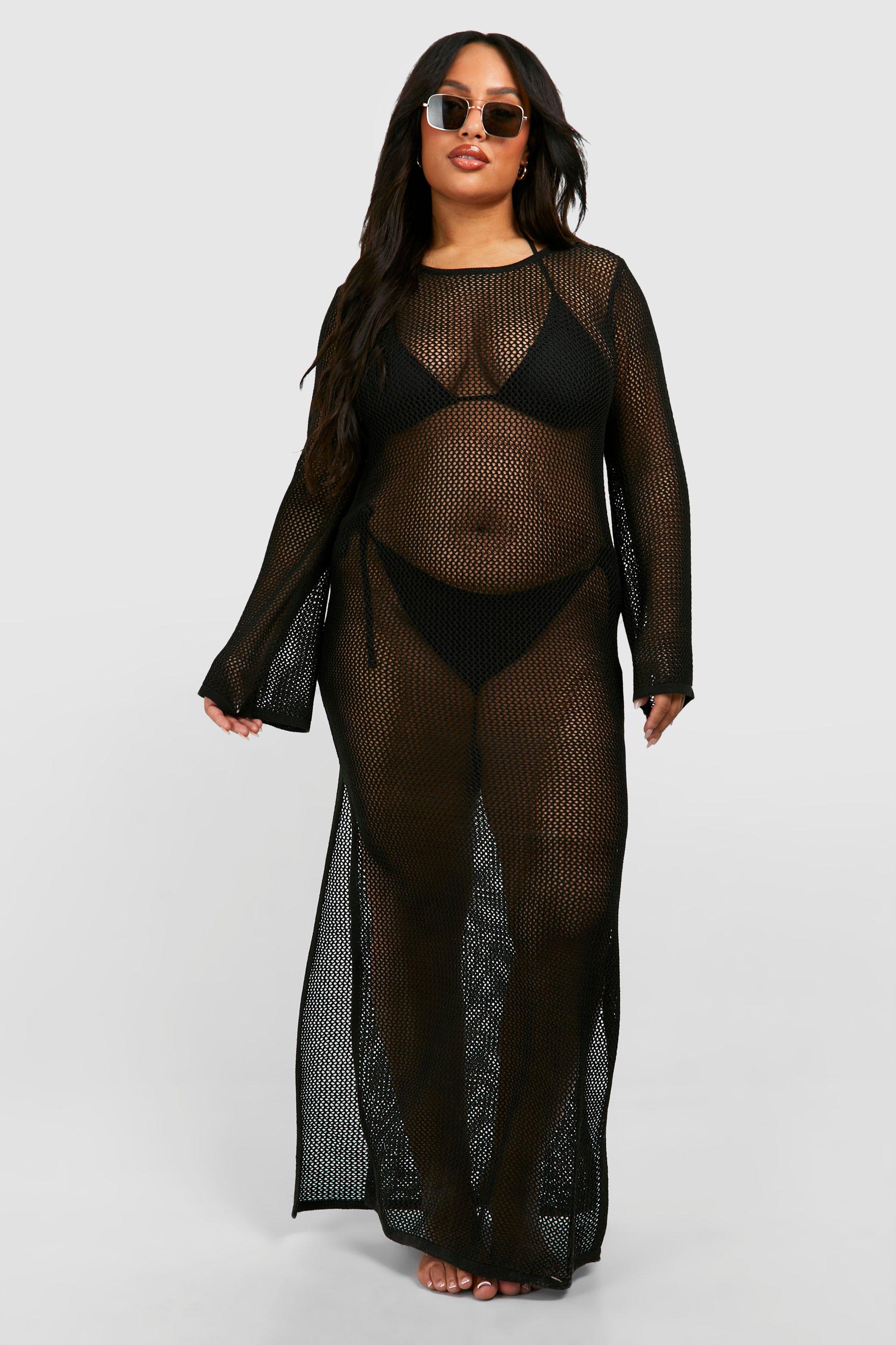 Plus Crochet Cover-Up Beach Maxi Dress - Black - 18