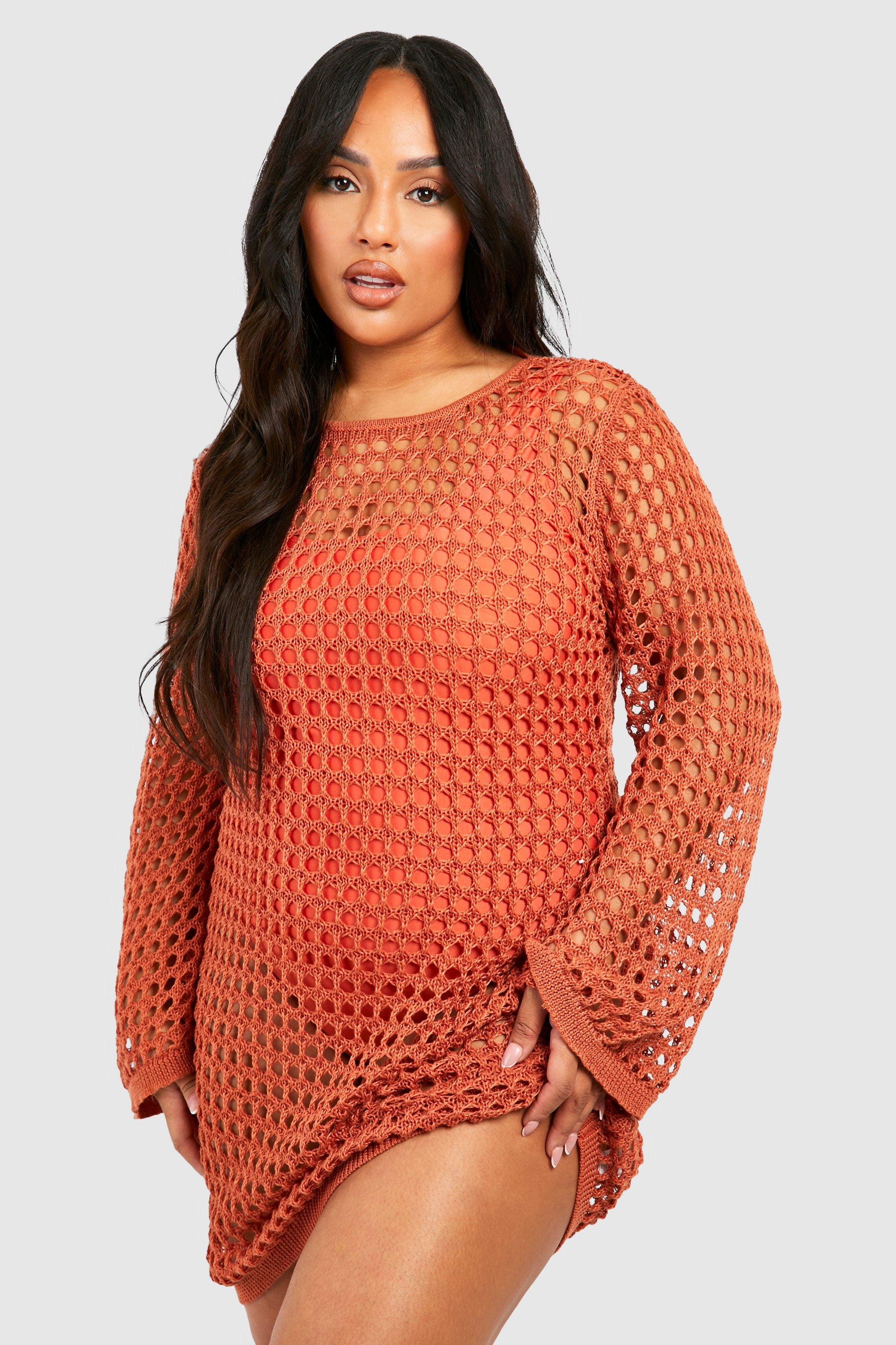Plus Crochet Open Back Beach Mini Dress - Orange - 20