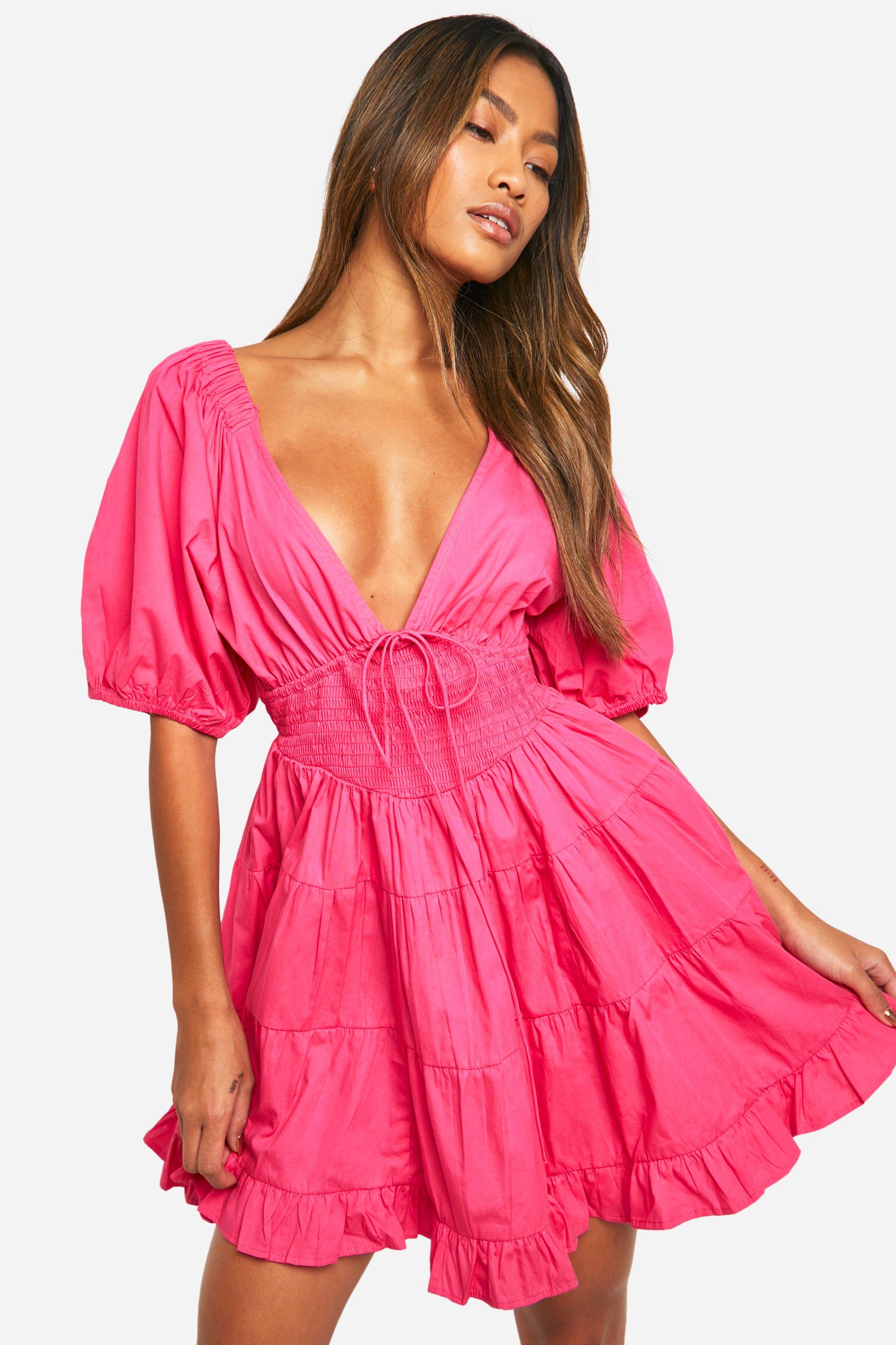 Boohoo Poplin Puff Sleeve Mini Dress, Pink