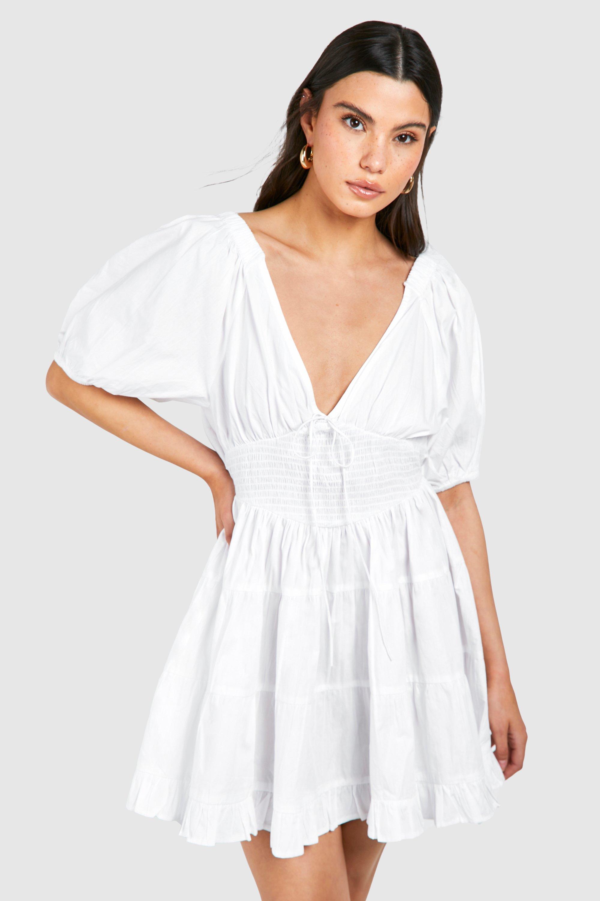 womens poplin puff sleeve mini dress - white - 8, white