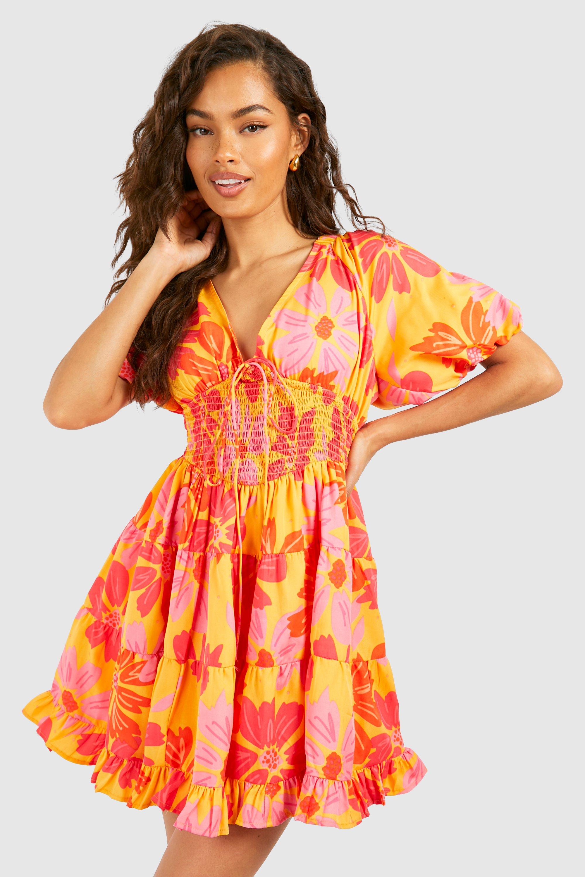 Image of Printed Puff Sleeve Mini Dress, Multi