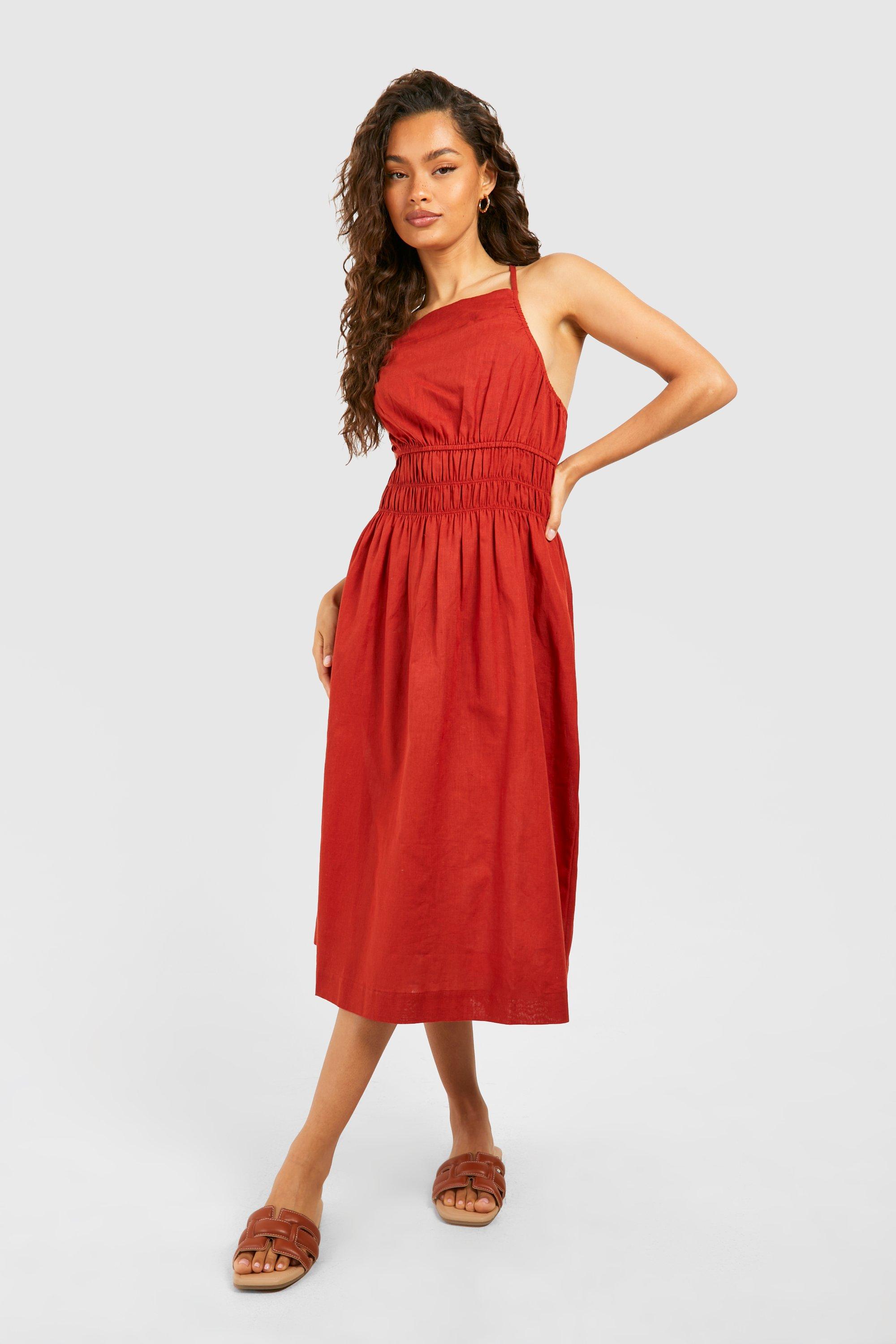 Boohoo Strappy Linen Shirred Waist Midi Dress, Red