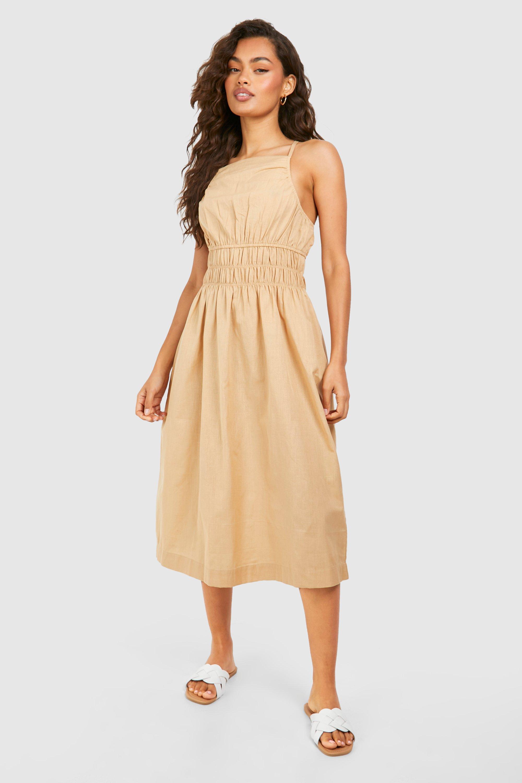 Image of Strappy Linen Shirred Waist Midi Dress, Beige