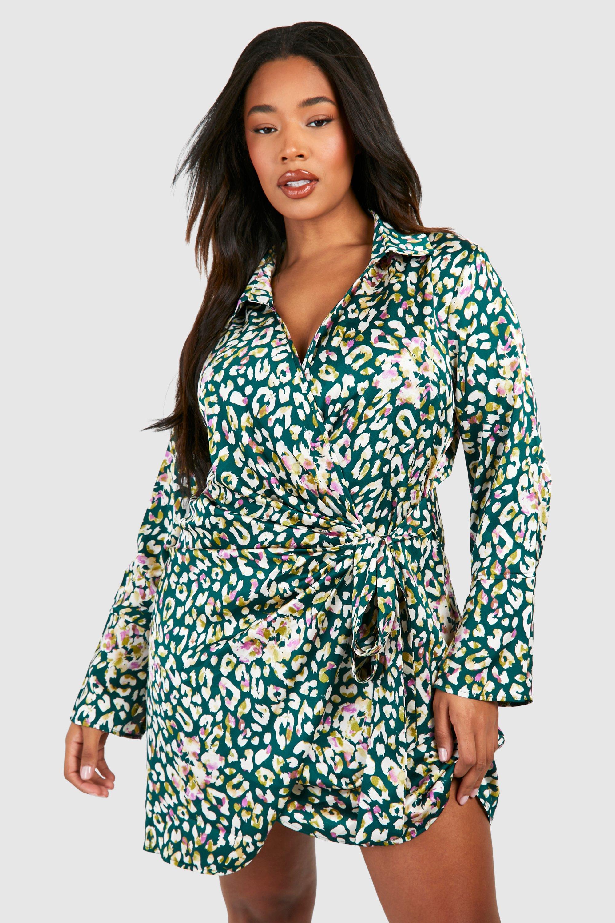 Image of Plus Satin Leopard Print Drape Wrap Shirt Dress, Multi