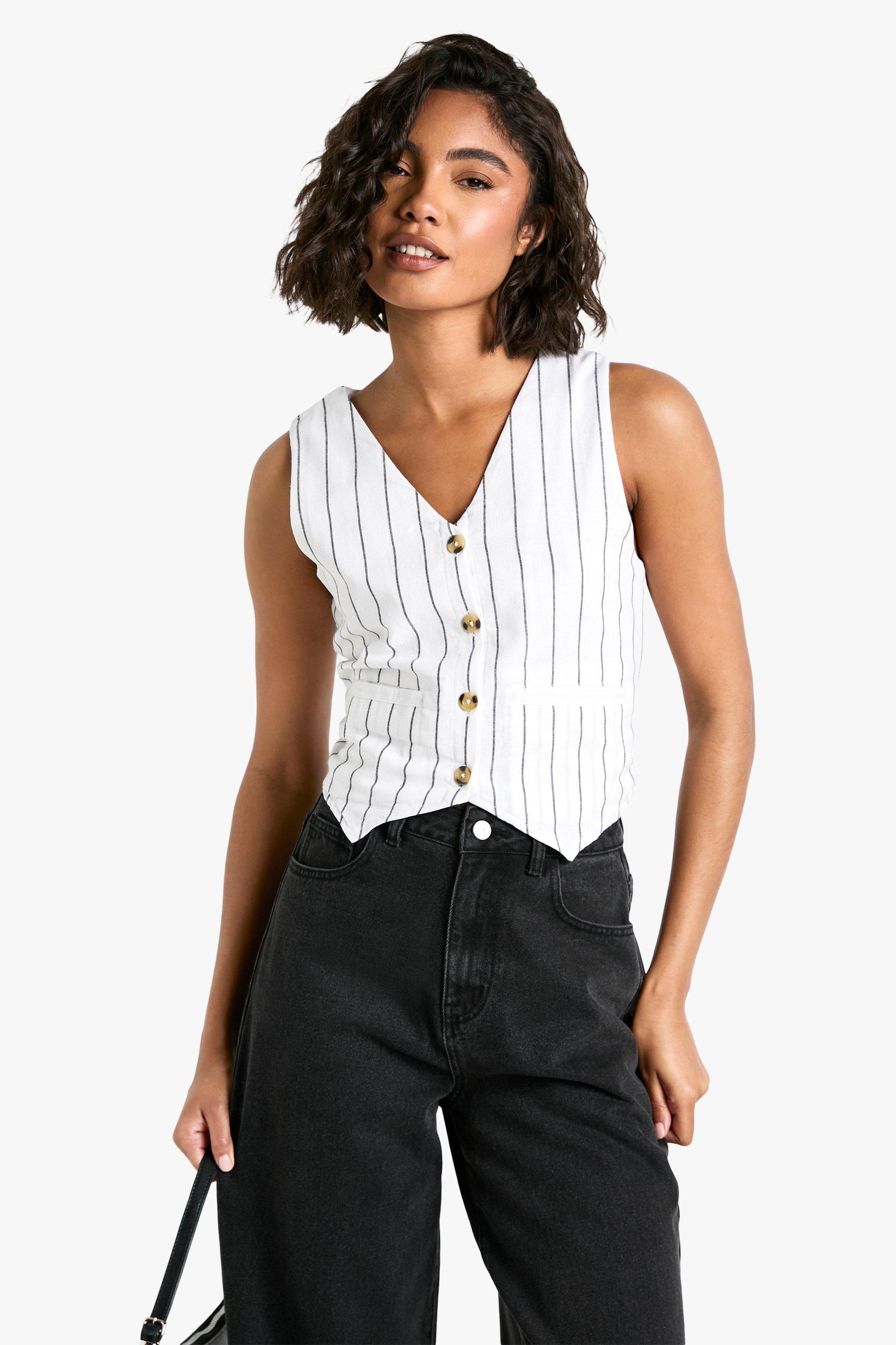 Womens Tall Woven Pinstripe Button Waistcoat - White - 16, White