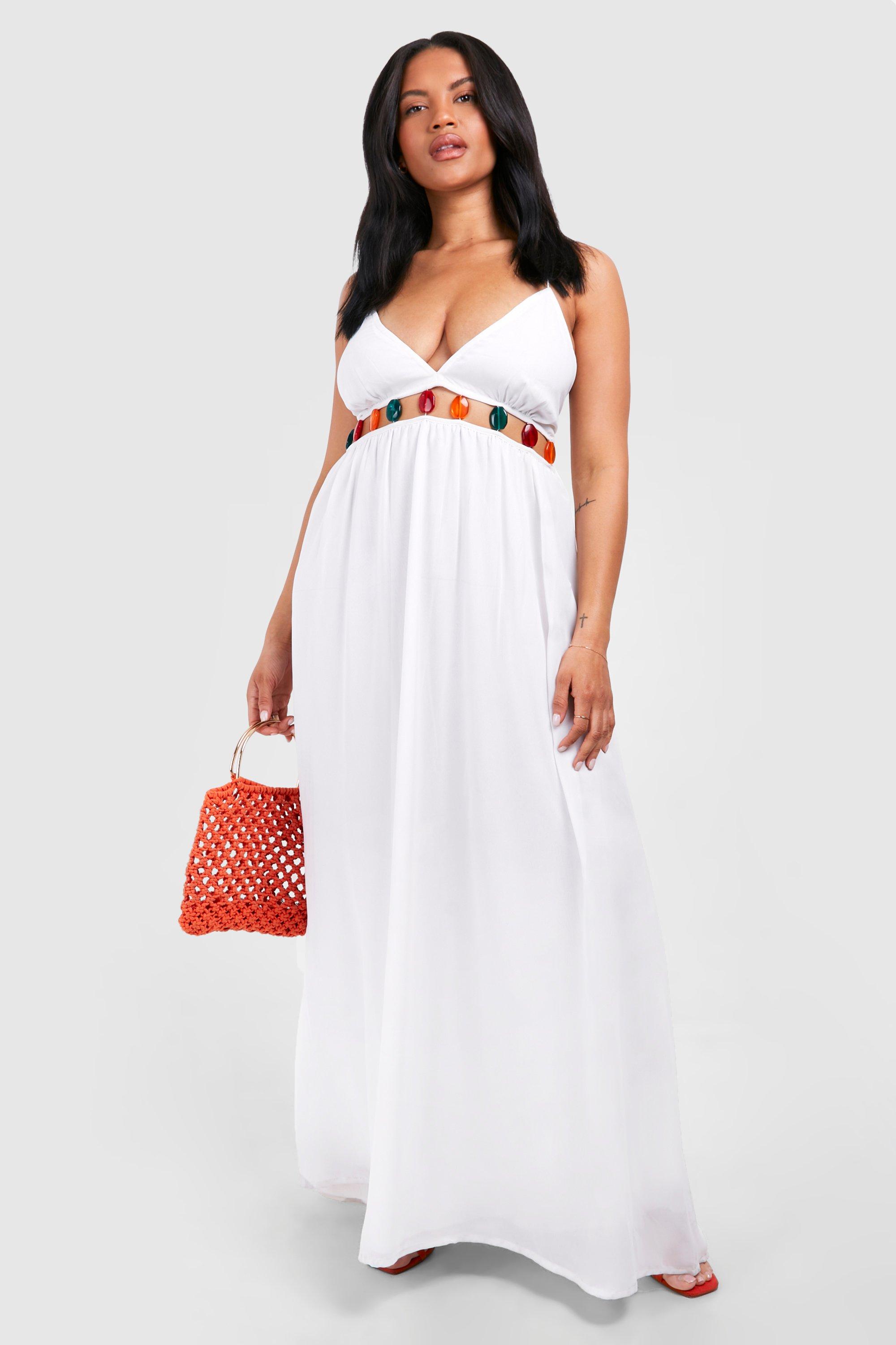 Boohoo Plus Beaded Beach Maxi Dress, White