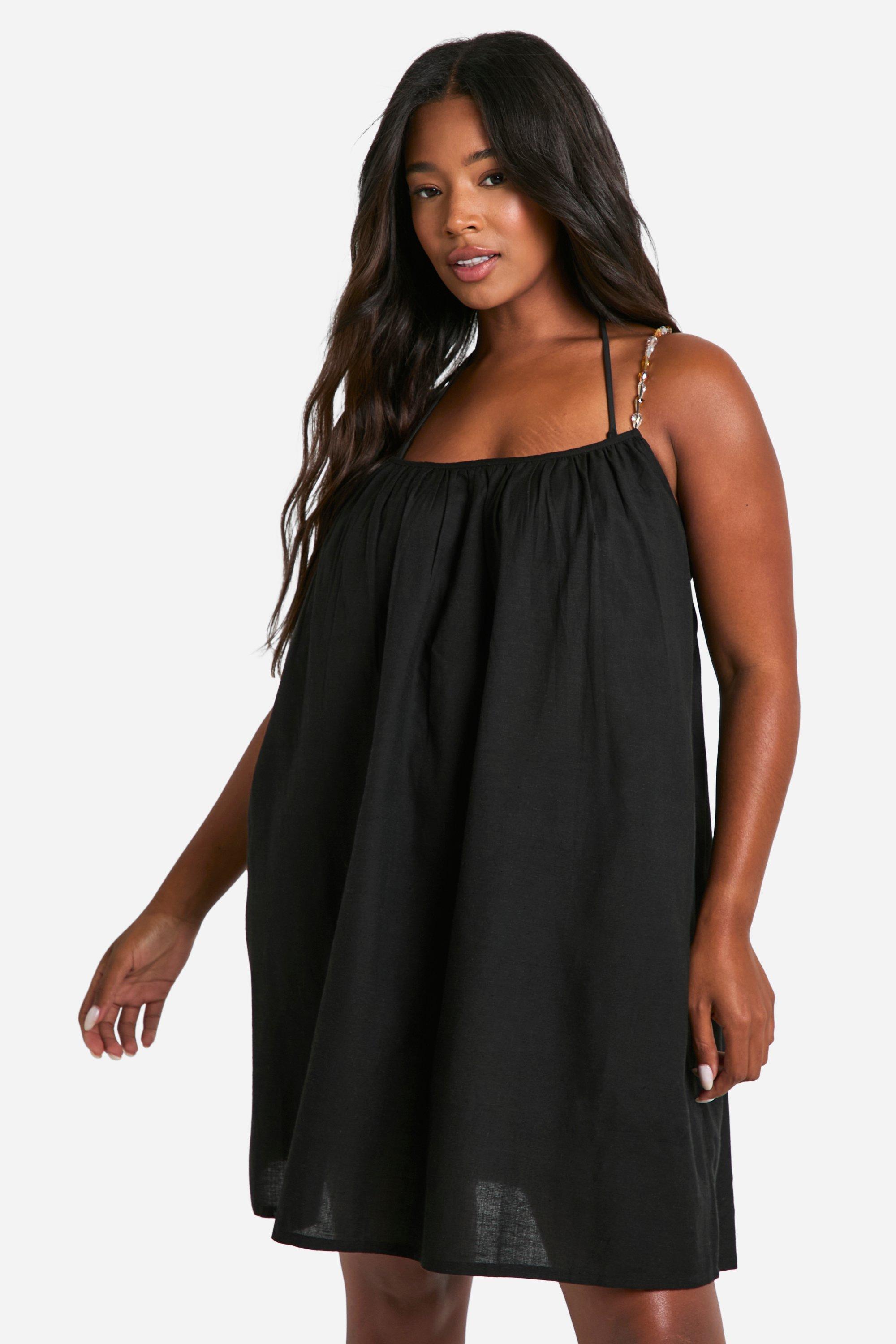 Boohoo Plus Beaded Straps Beach Mini Dress, Black