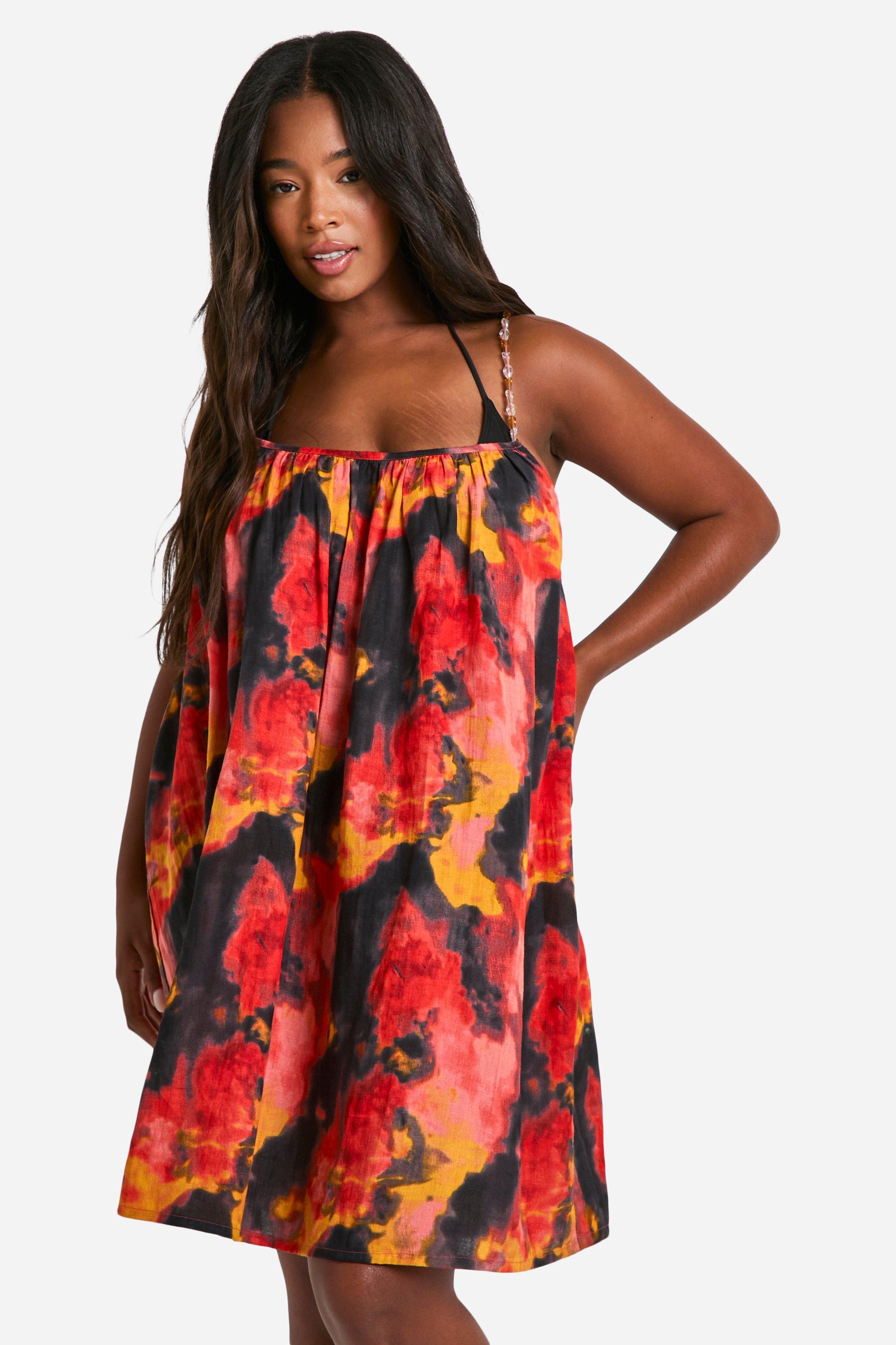 Image of Plus Beaded Straps Printed Beach Mini Dress, Arancio