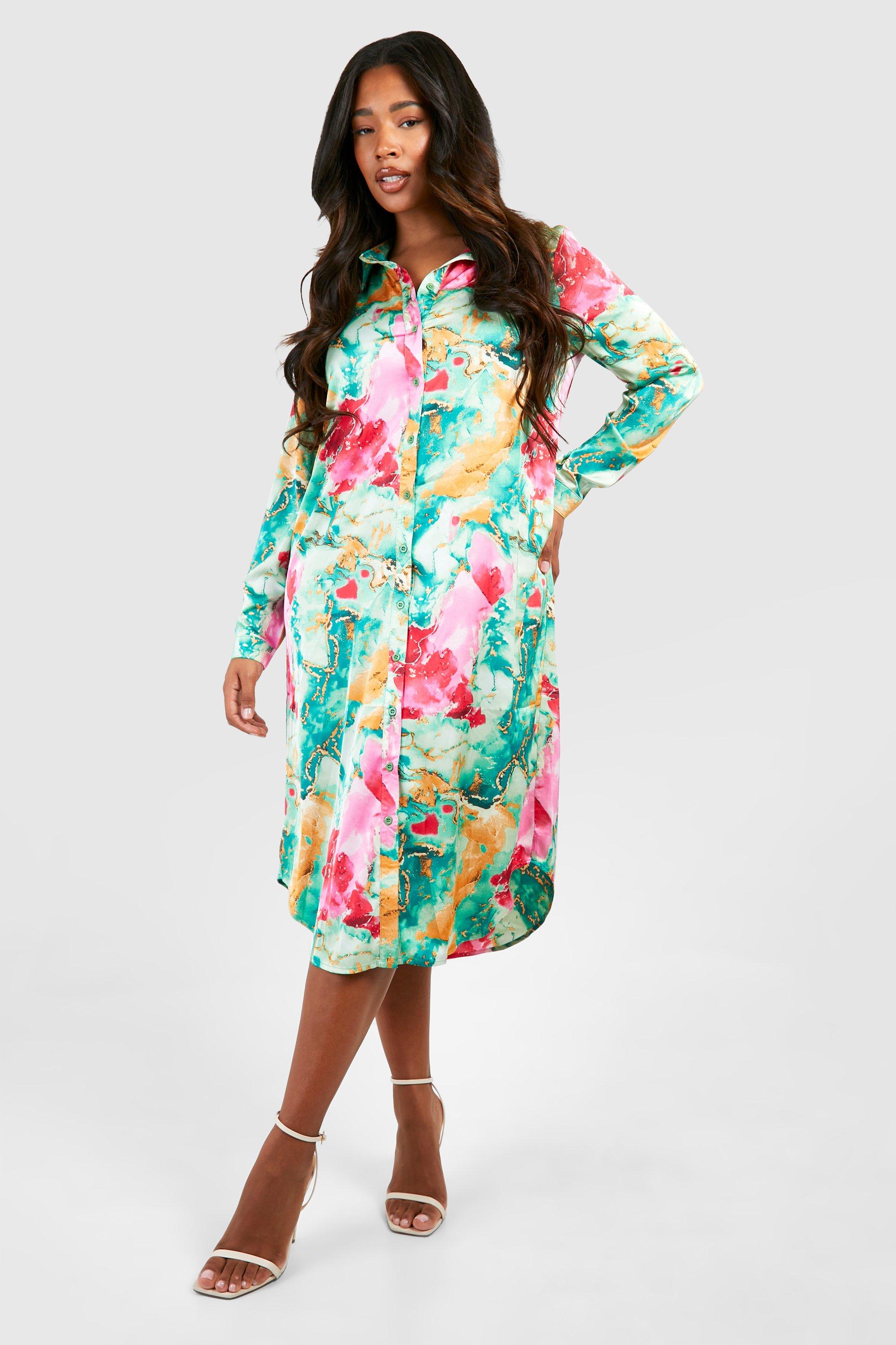 Image of Plus Floral Print Satin Midi Shirt Dress, Verde