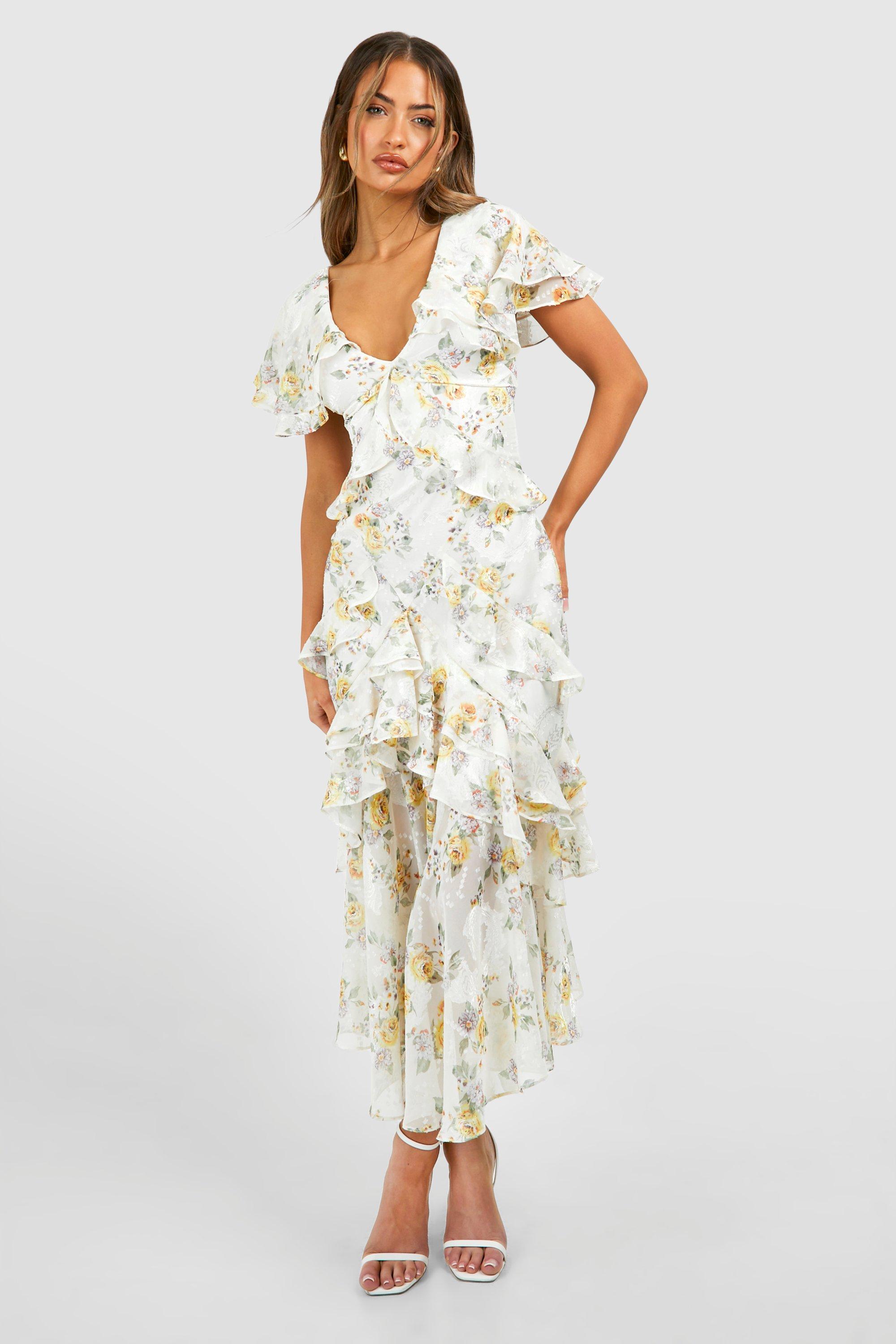 Floral Ruffle Maxi Dress - White - 16