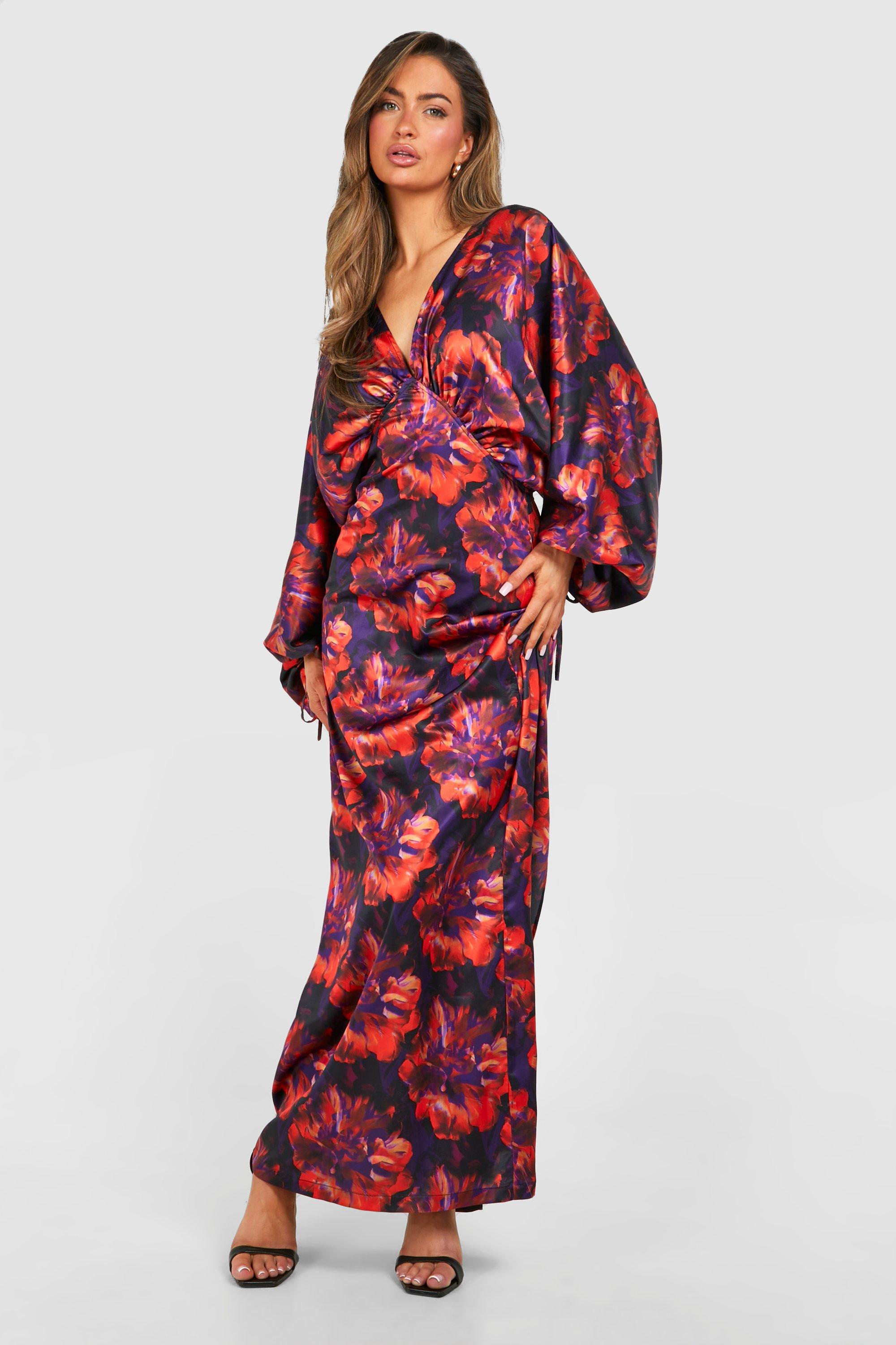 Image of Floral Extreme Batwing Plunge Maxi Dress, Rosso