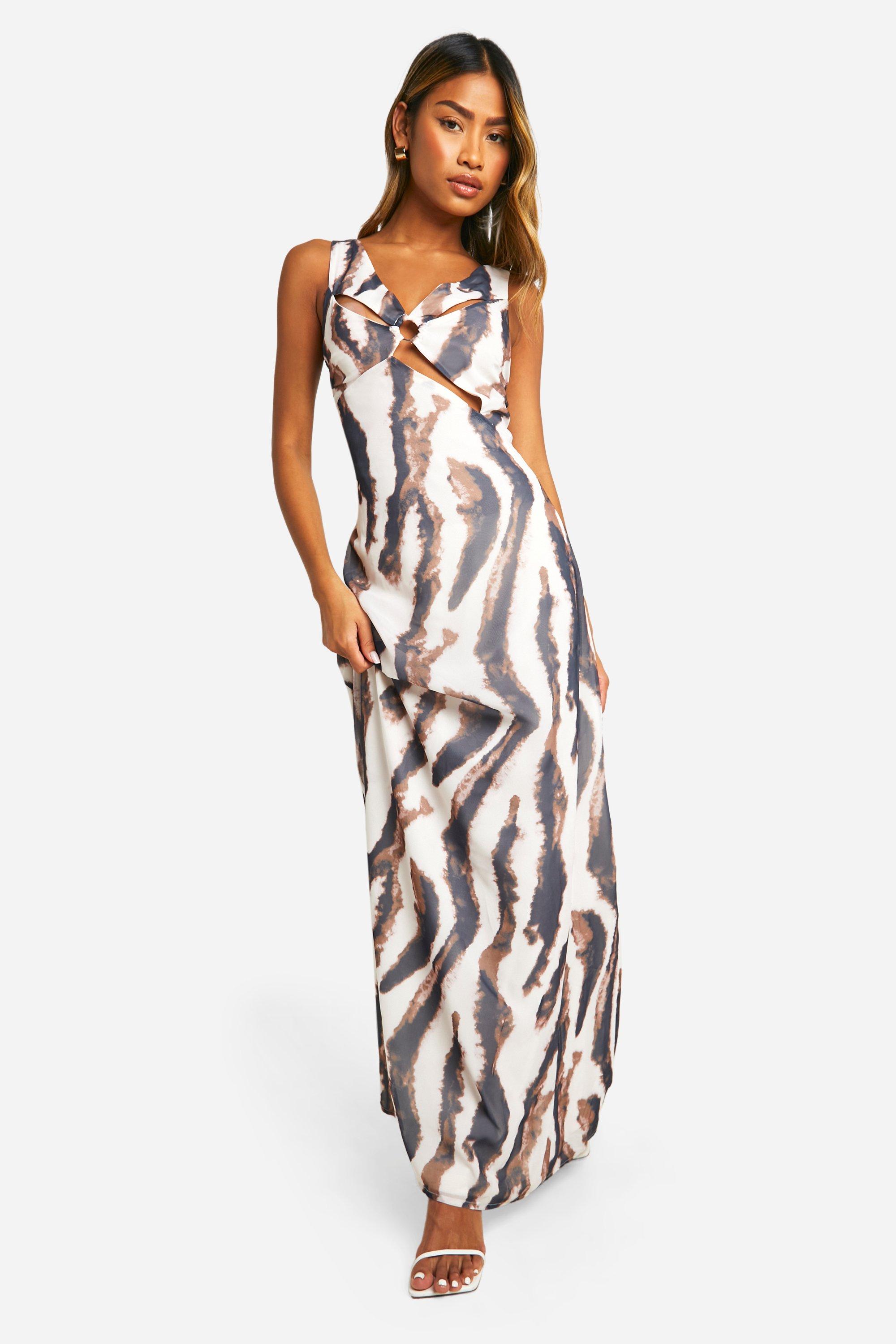 Image of Zebra Chiffon Cut Out Maxi Dress, Brown