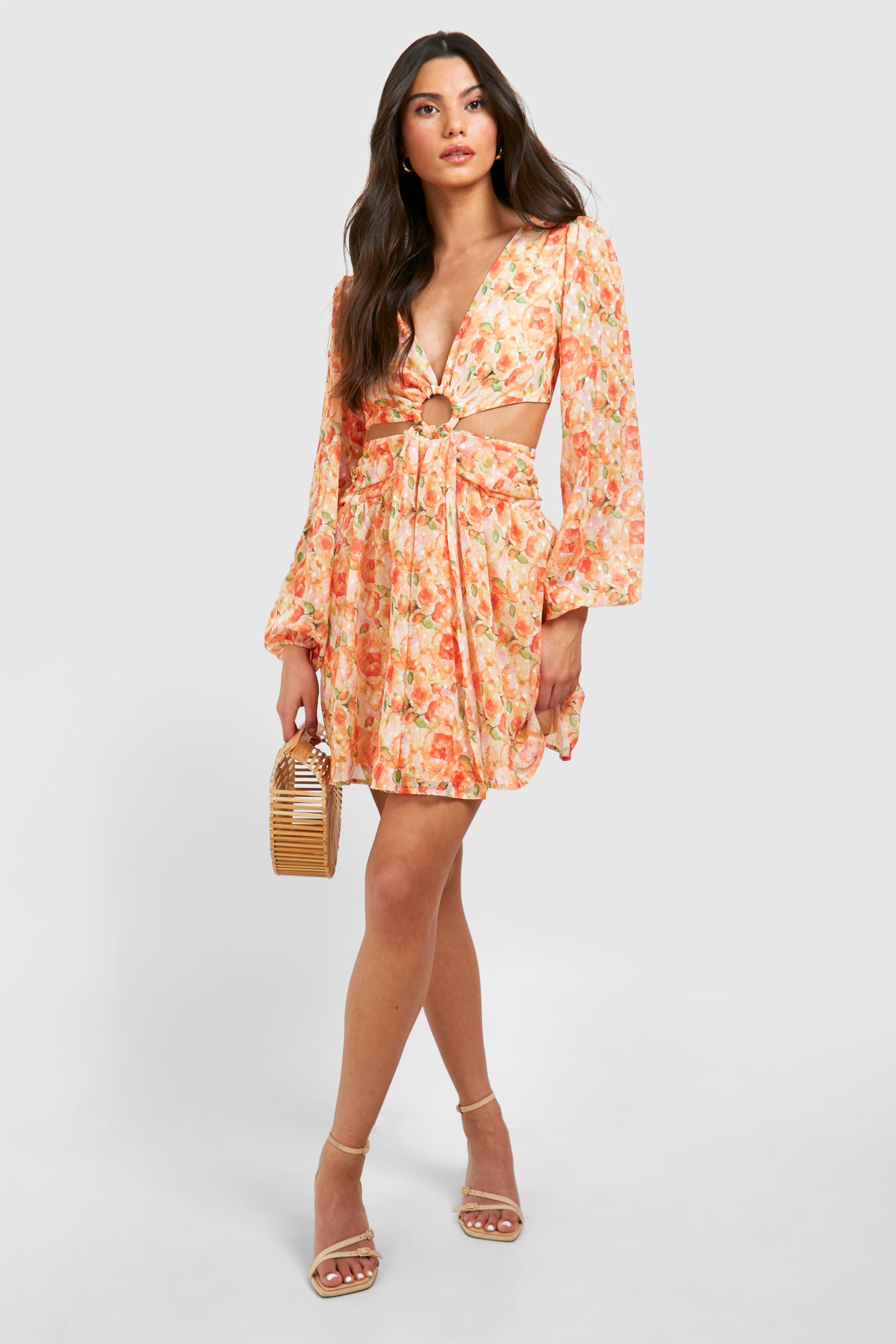 Image of Textured Floral Cut Out Ring Detail Mini Dress, Arancio