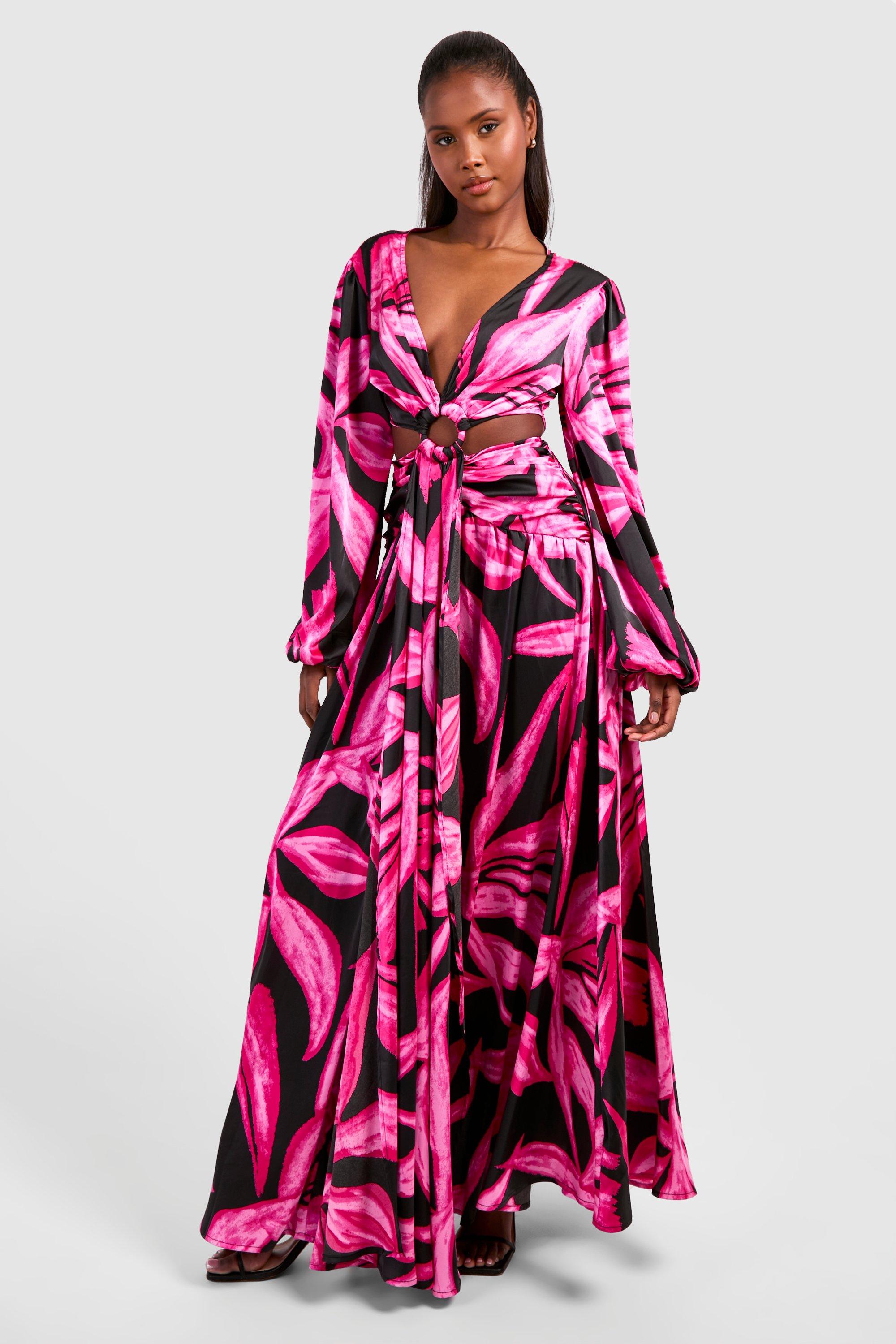 Image of Abstract Print Cut Out Ring Detail Maxi Dress, Pink