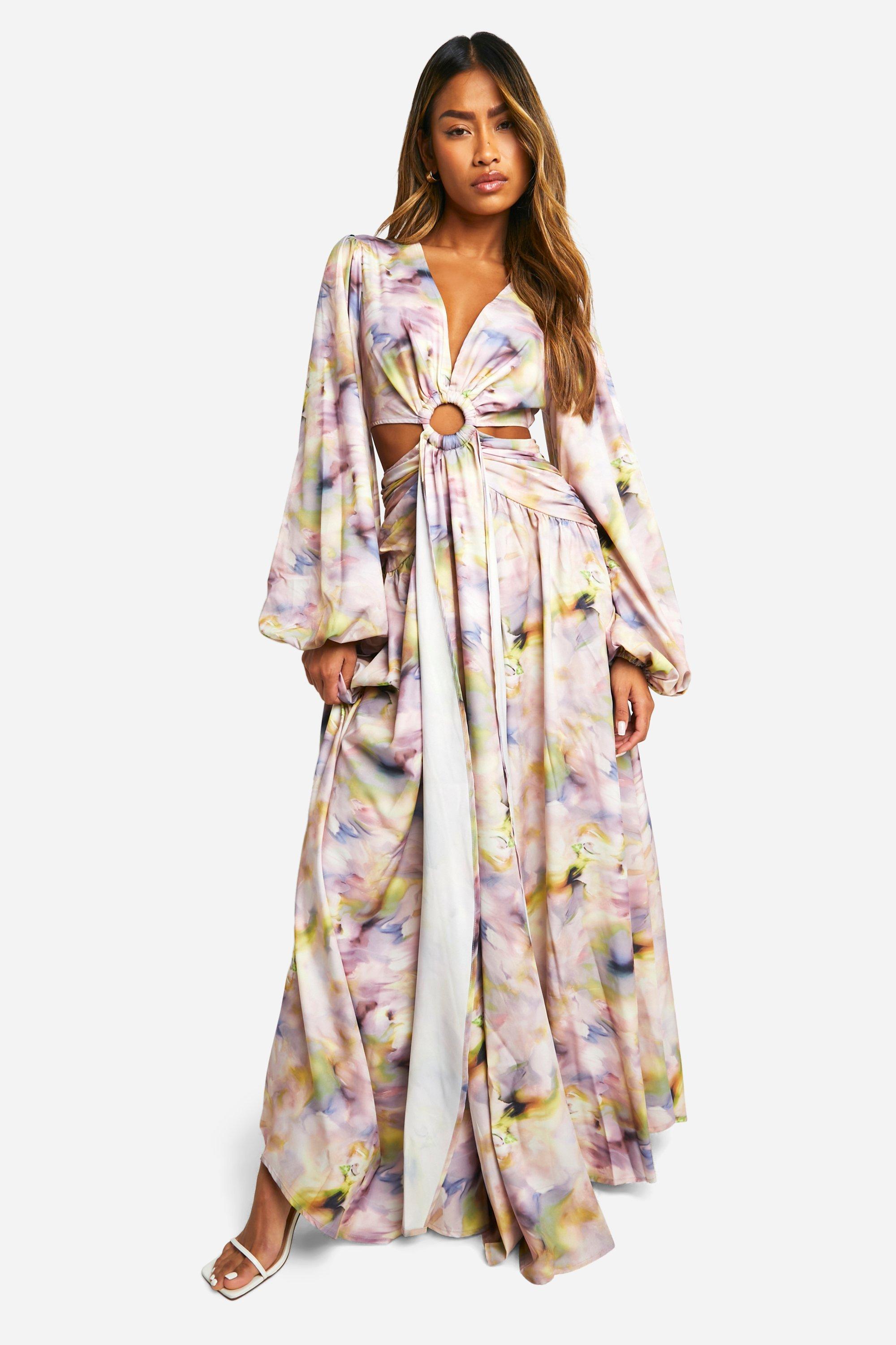 Image of Blurred Print Cut Out Ring Detail Maxi Dress, Multi